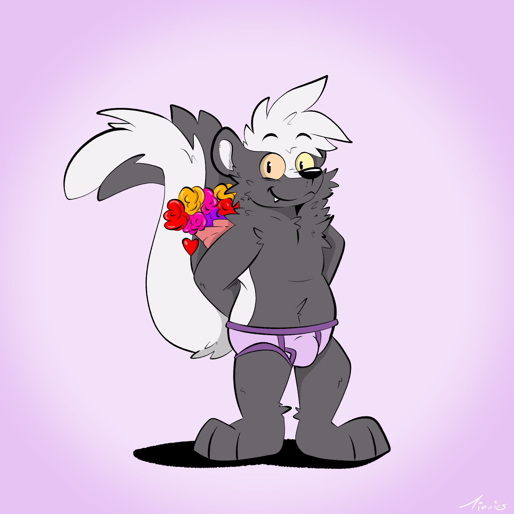 furry, skunk, flowers, briefs, underwear, wearing briefs, wearing underwear, standing, happy, plain background, cartoon , cartoon skunk