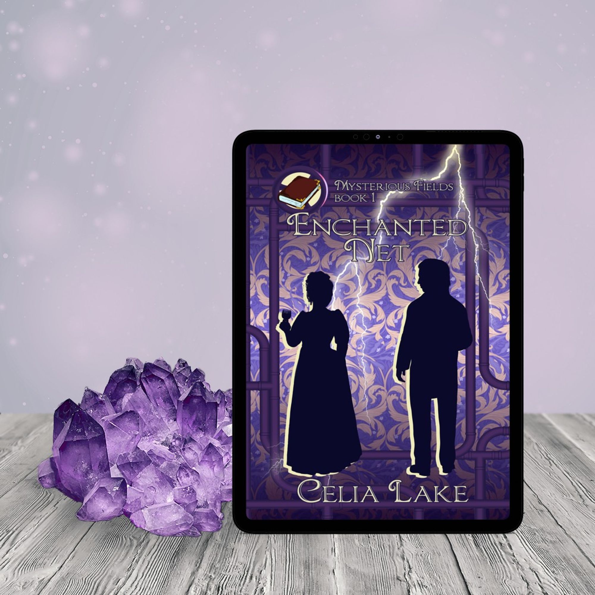 Cover of Enchanted Net by Celia Lake on a tablet, sitting next to a hunk of amethyst. A silhouetted man and woman in Victorian dress stand with their backs to the viewer. She is holding a glass of wine as they look toward each other. The background is a purple damask, crossed by pipes and gears and a streak of lightning, with a book inset in the top left corner.