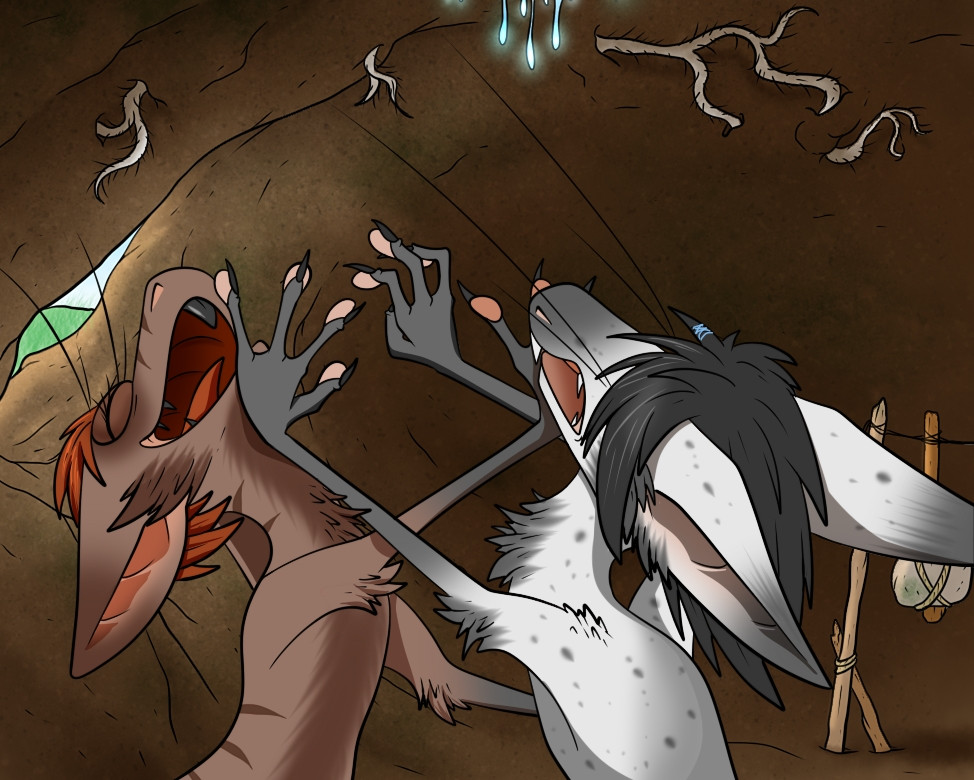 A panel from the webcomic Out-of-Placers. It shows a brown yinglet and a white yinglet engaging in a slap fight in a den. The brown one is laughing.