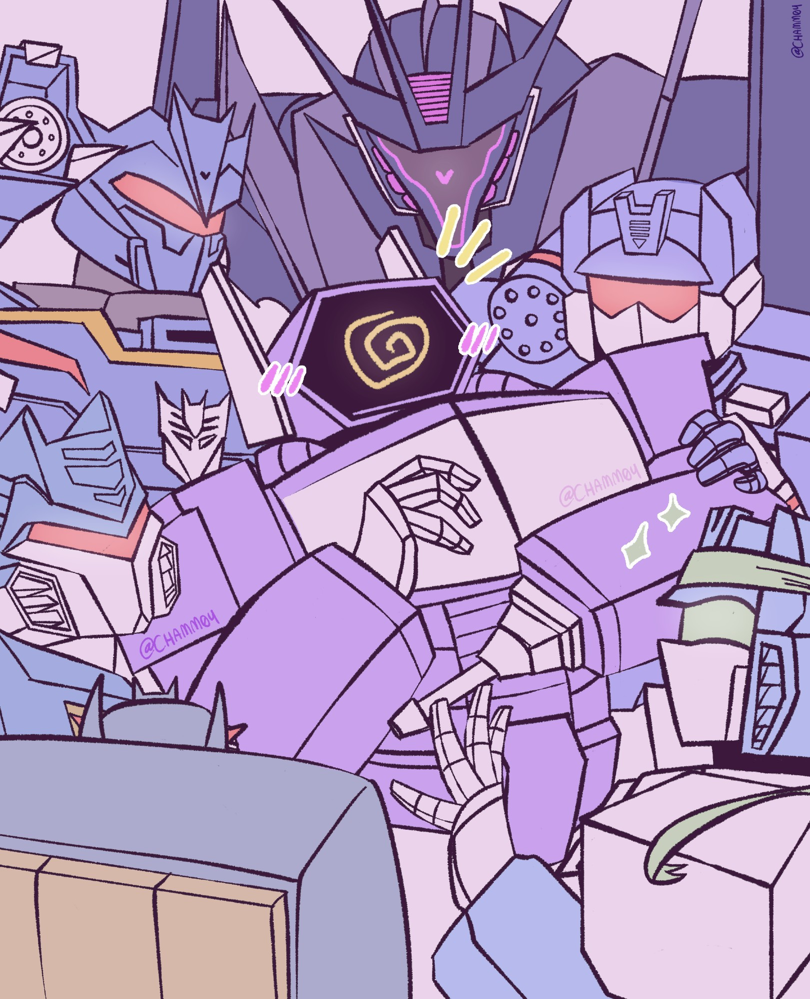 a drawing of g1 shockwave surrounded by soundwaves, all from different continuities, shockwave is blushing. 