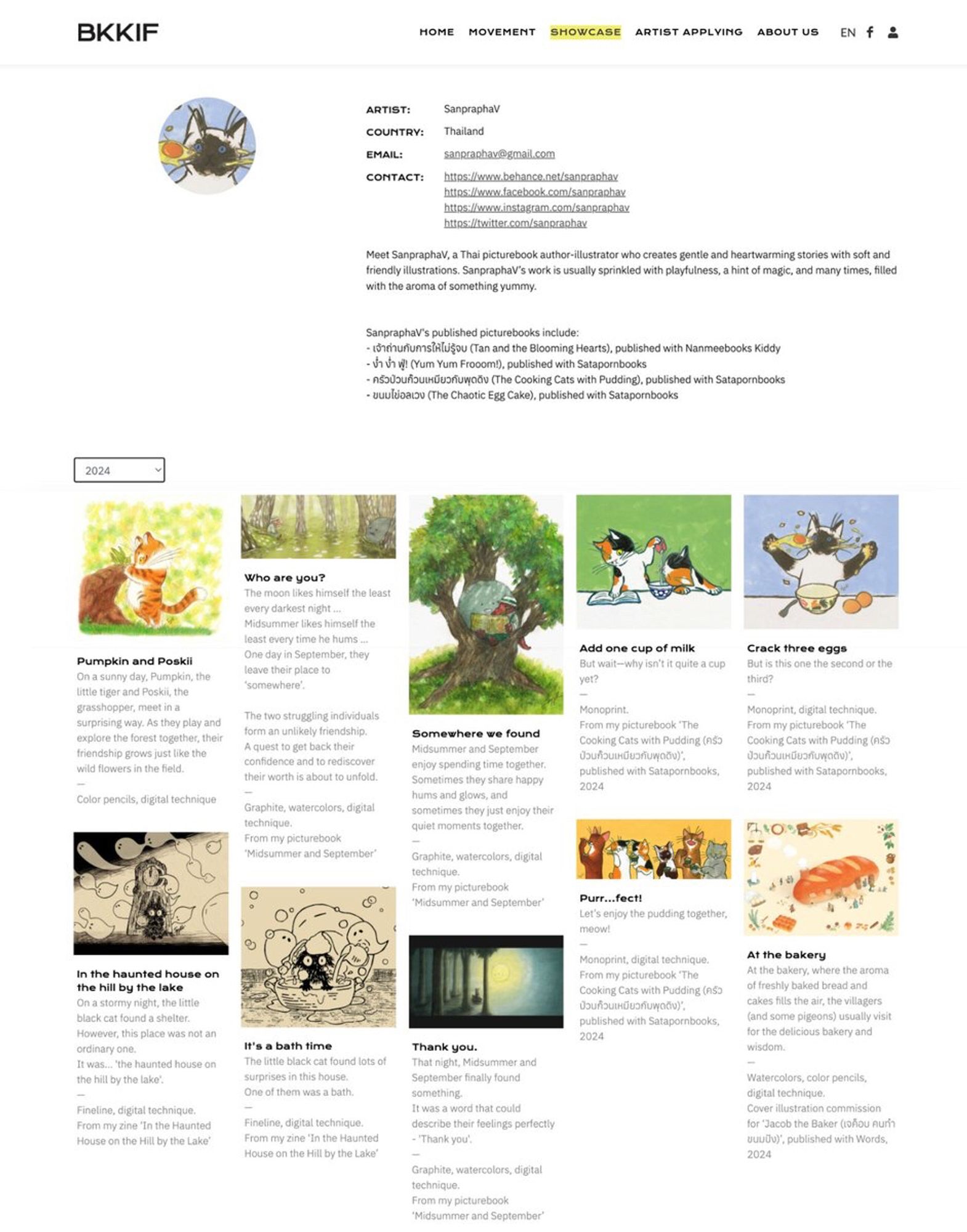 SanpraphaV’s showcase on BKKIF website. The screenshot contains SanpraphaV’s profile and ten illustrations.