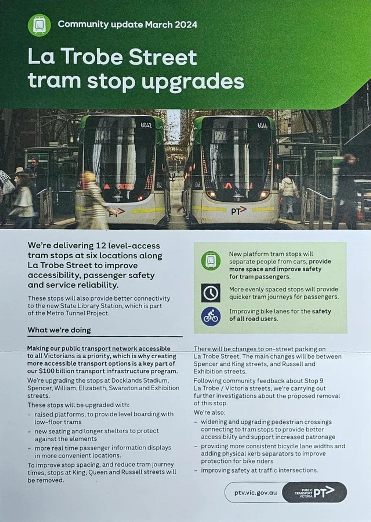 A sheet of paper with details on La Trobe Street's tram stop upgrades. Mainly explains what impact this will have on the local area, particularly during construction, as well as what will change and how this will benefit passengers