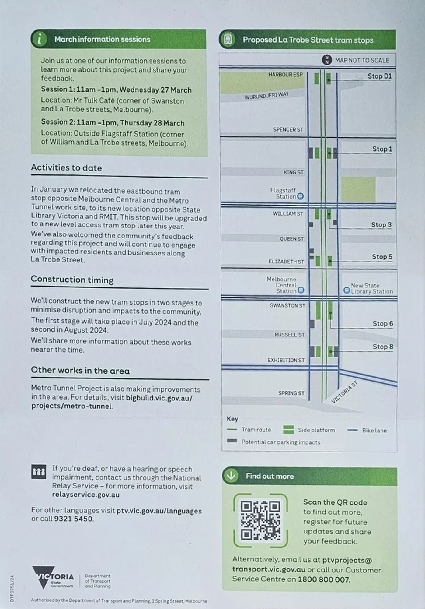 The other side of the paper which outlines the construction timeline and includes a map showing where the new platform stops will be located. This includes a stop that creates an interchange with Melbourne Central/State Libary Station and another stop that creates an interchange with Flagstaff Station

#universaldesign #accessibledesign #accessiblecities #transit