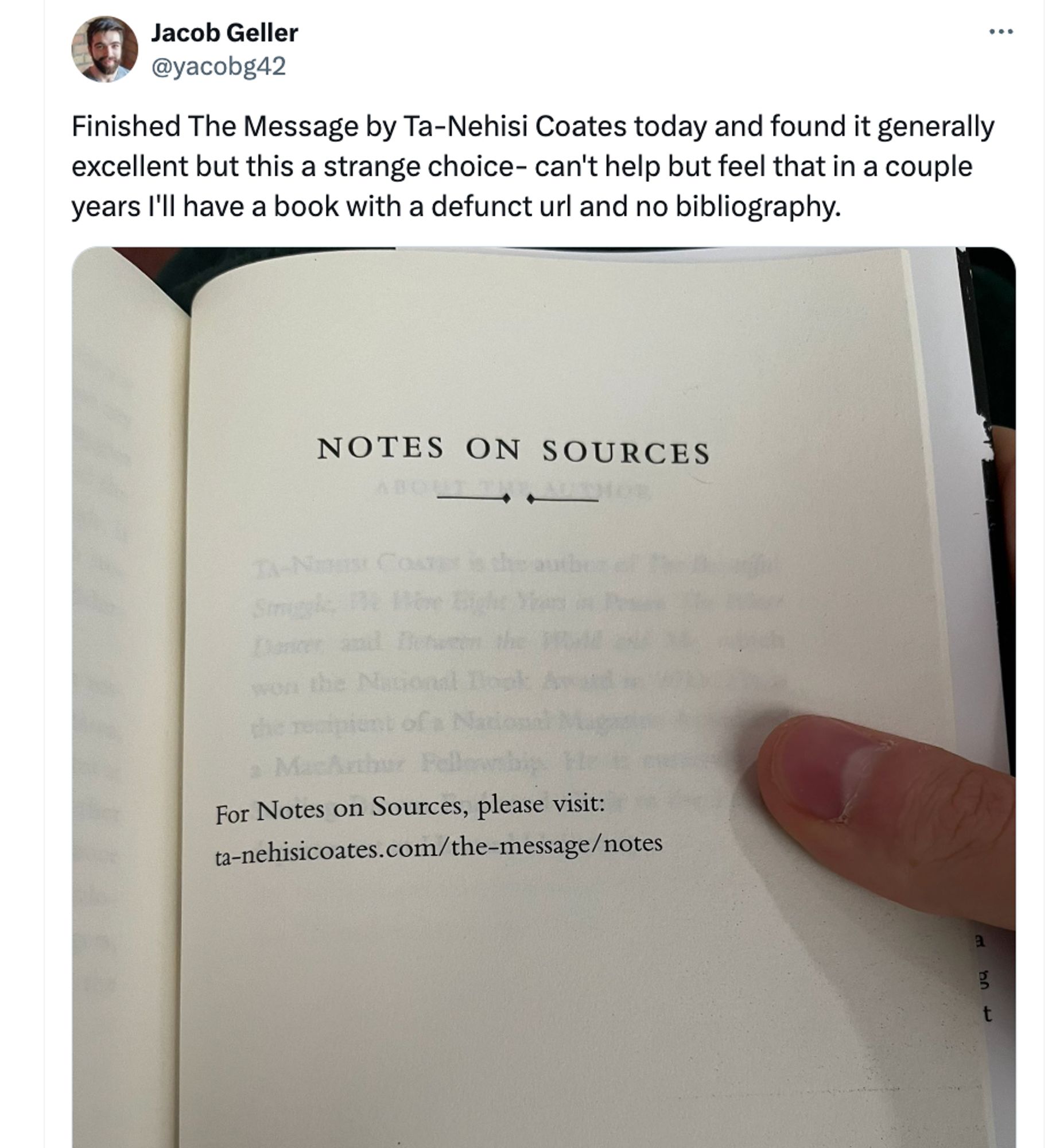 a page from Ta-Nehisi Coates' book The Message, where the "Notes on Sources" section directs readers to an online URL instead of providing a traditional bibliography.