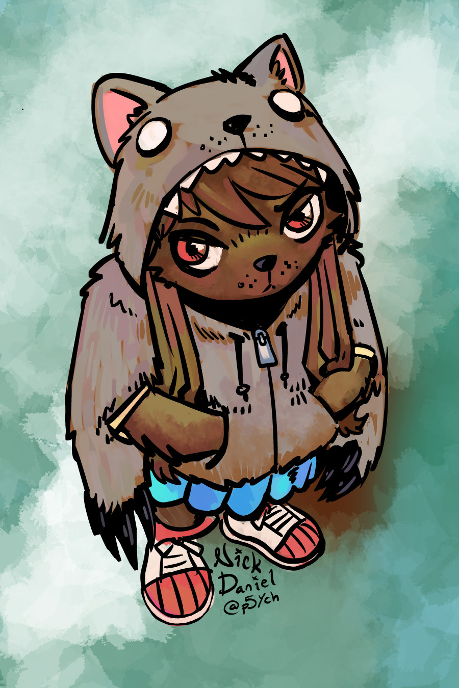 Cindy, a brown dog girl in a greyish brown dog-themed hoodie and light blue skirt.