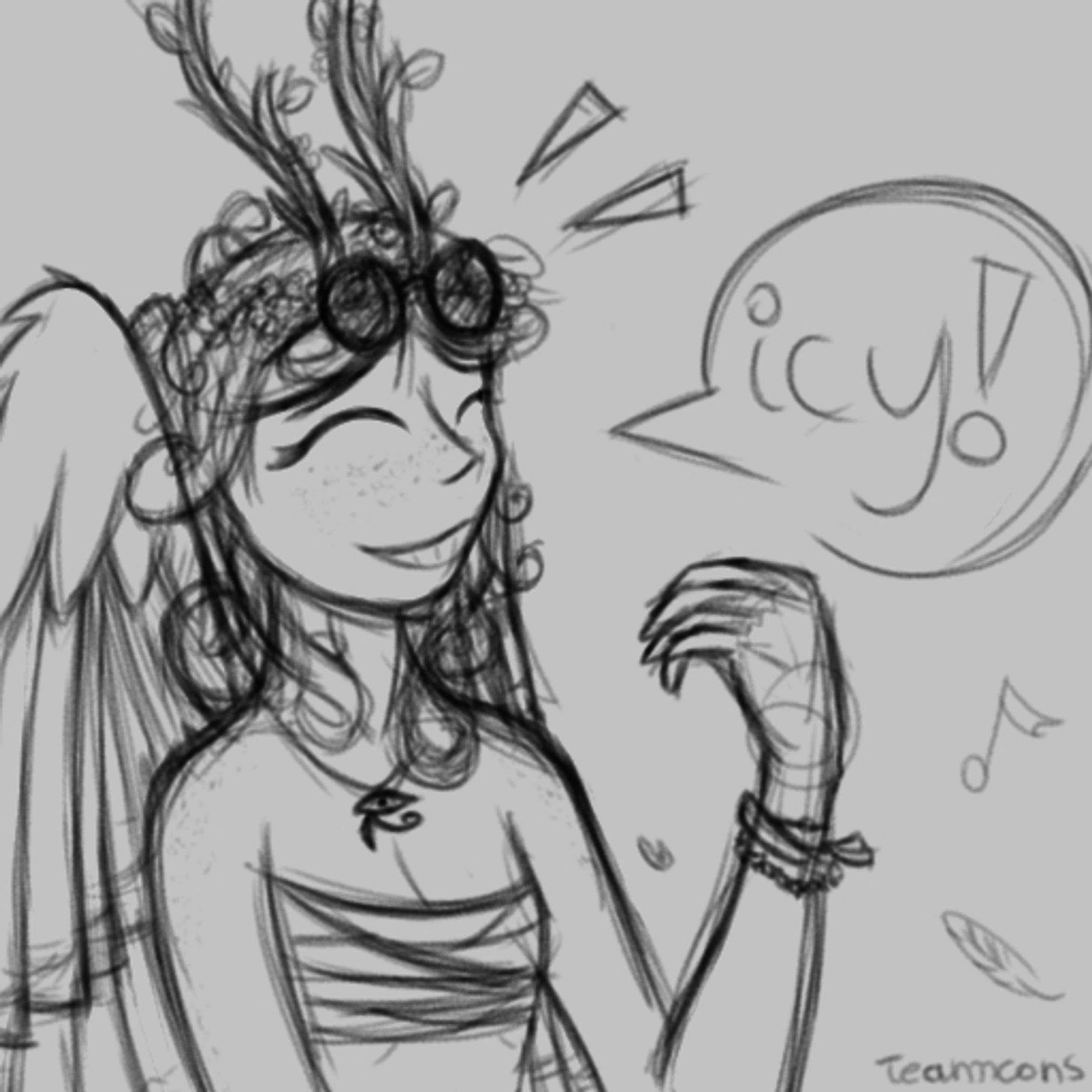 A simple sketch of Charlie, an angel alter of Team Constellation, with freckles, wings, sunglasses, twig antlers and flower crown, bracelets, saying "icy !". They are very cool