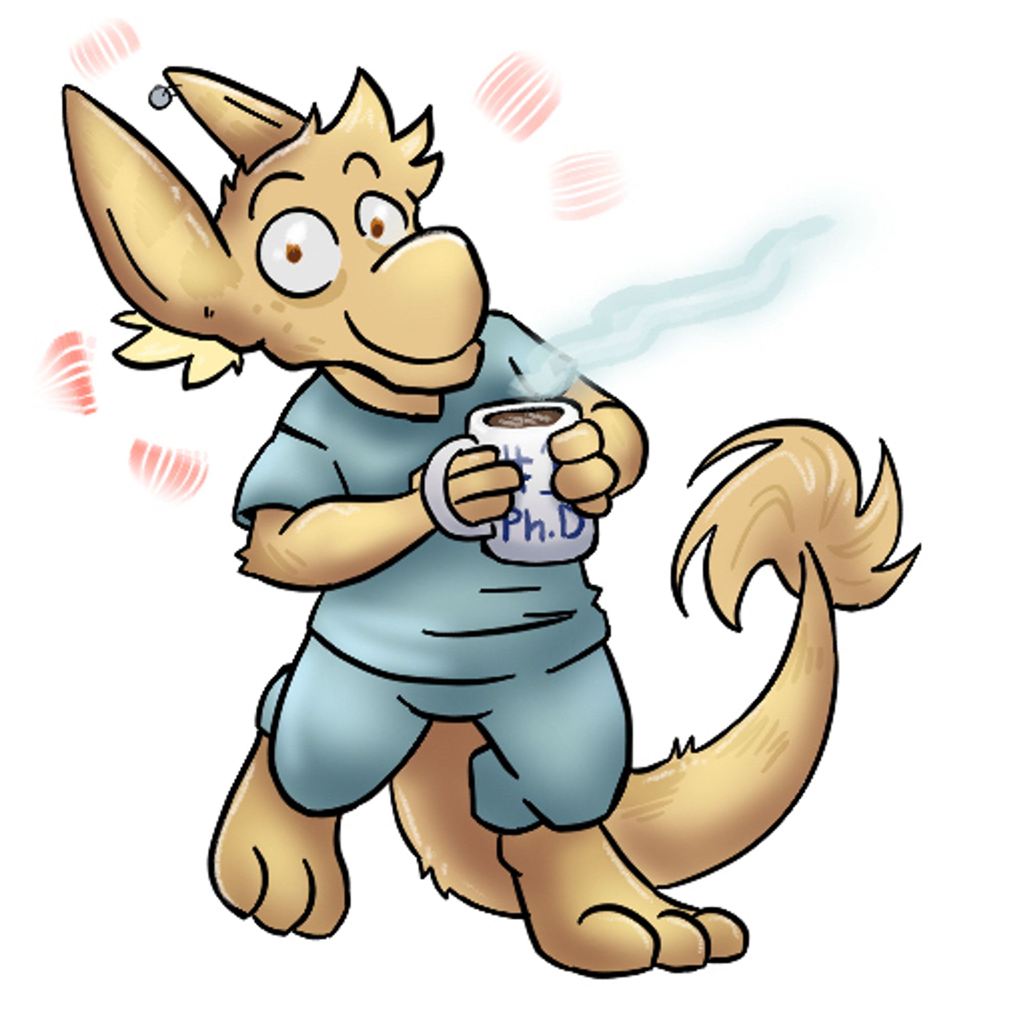 Dia from the webcomic Follower, looking wired and holding a steaming cup of coffee. Dia is a bipedal kangaroo-like creature with golden yellow fur and slightly darker spots and markings. She’s wearing teal scrubs.