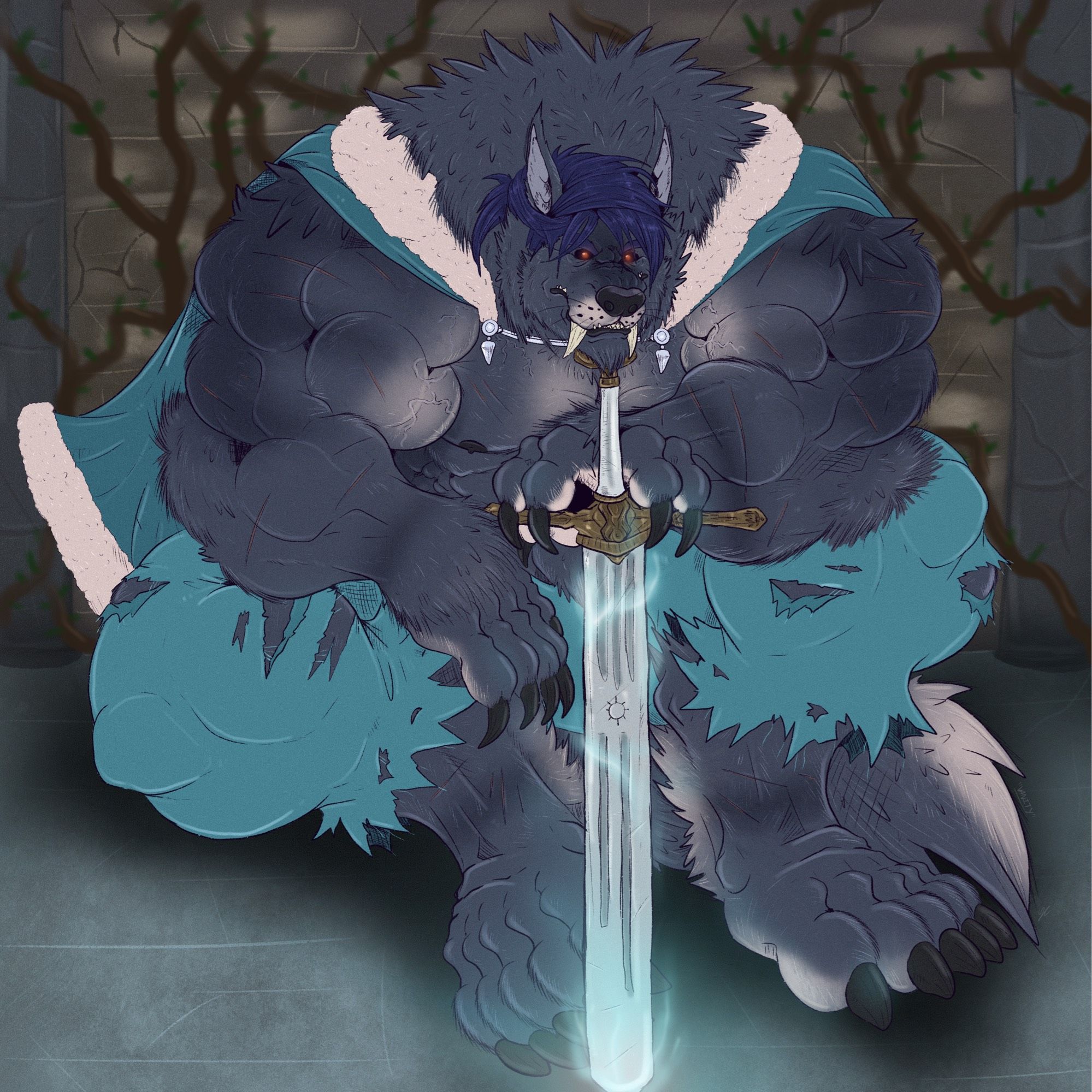 Felix from FE3H as a big beefy werewolf. He’s cursed to live his life as a beast and waiting for someone to break the spell. You stumble open him in the Goddess Tower. :0