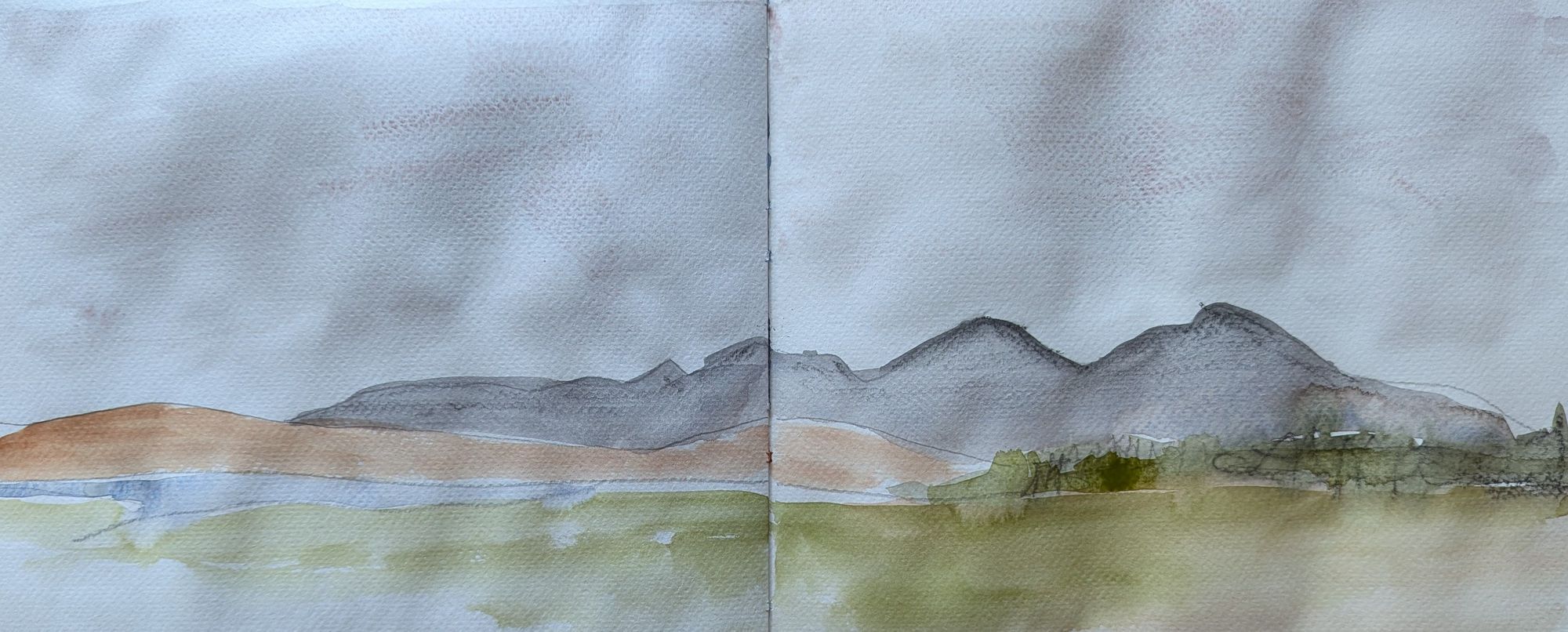 Watercolour painting of some mountains and greenery