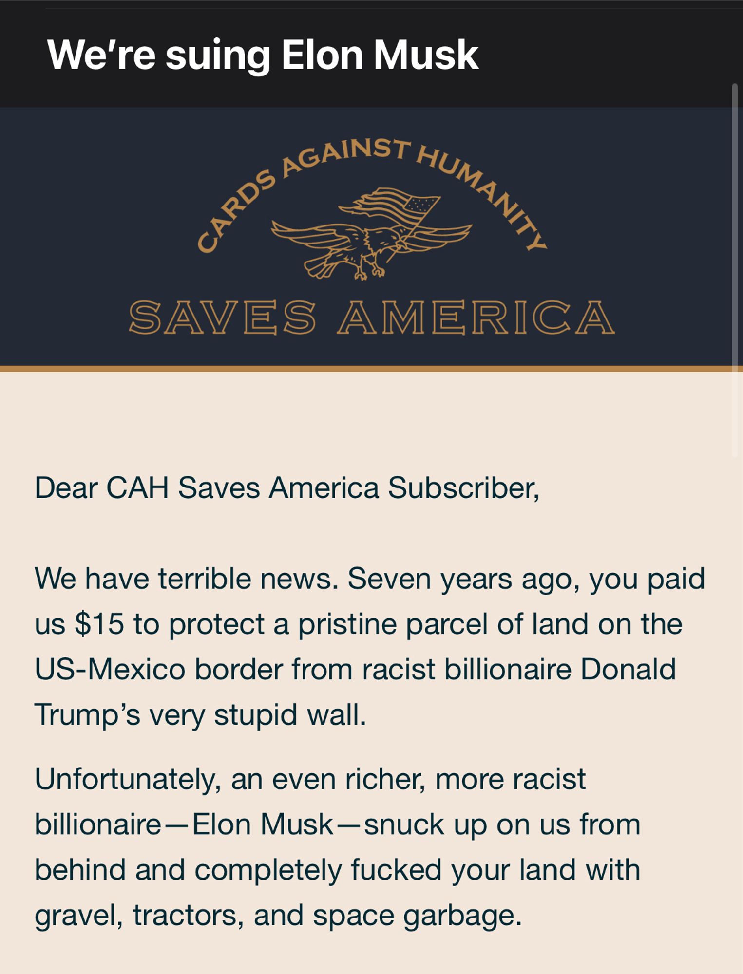 Screenshot of an email that refers to “racist billionaire Donald Trump” and “an even richer, more racist billionaire—Elon Musk”