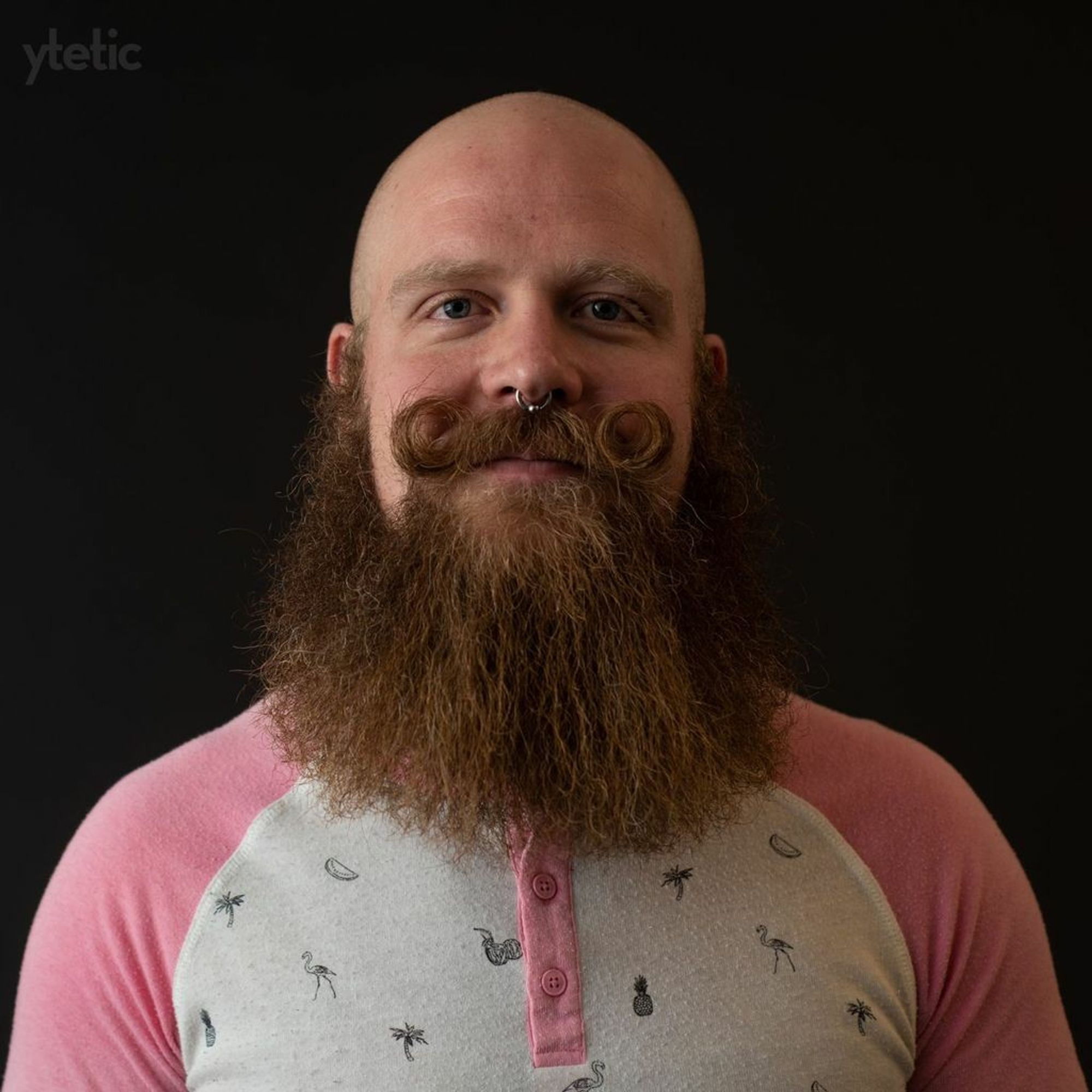 Four low key colour photos, dark studio BG. 1. Headshot with curled moustache and pink & white shirt.