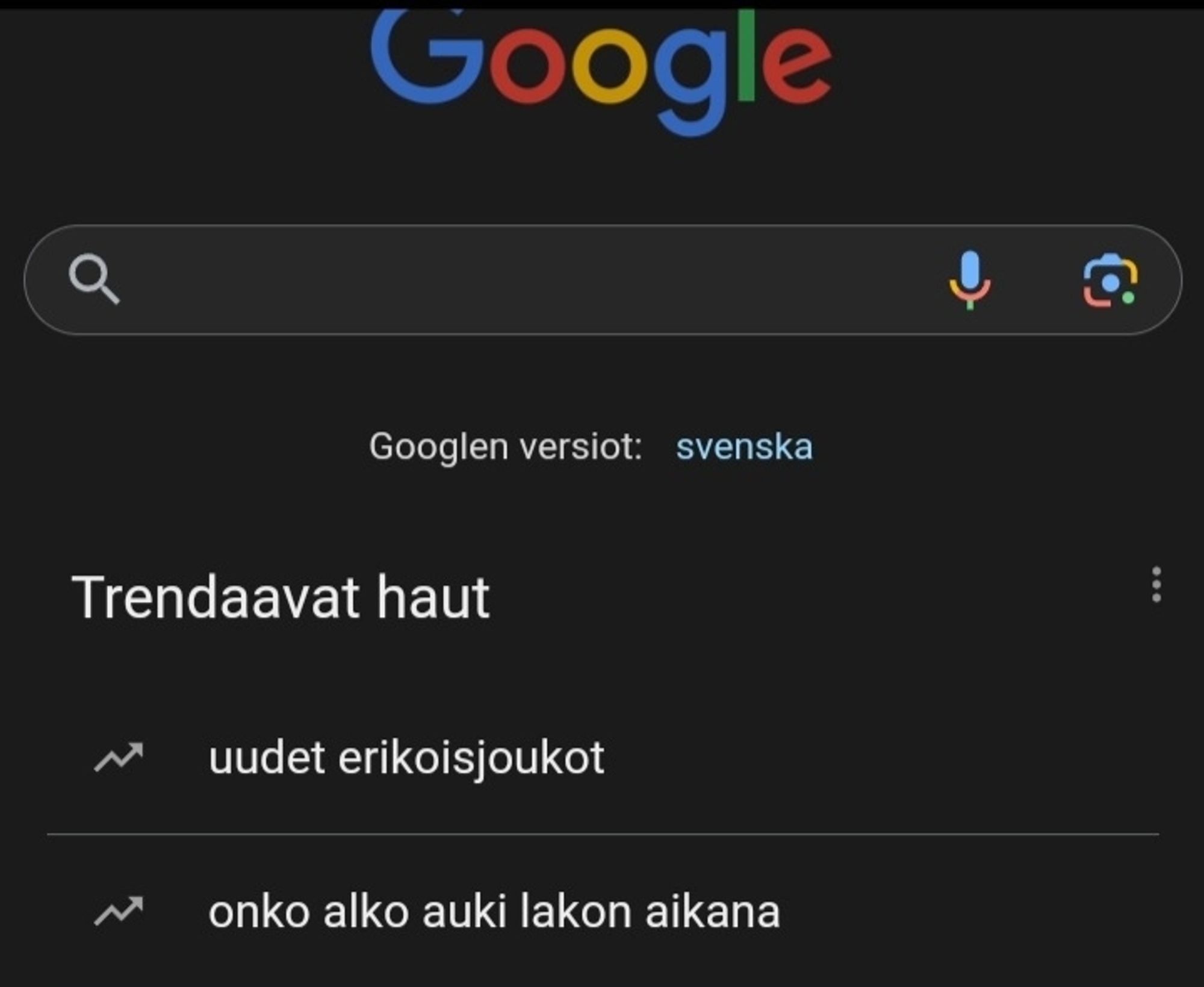 Picture of google search page, listing trending searches in Finland, one of which is "will the liquor stores be open during the strike"