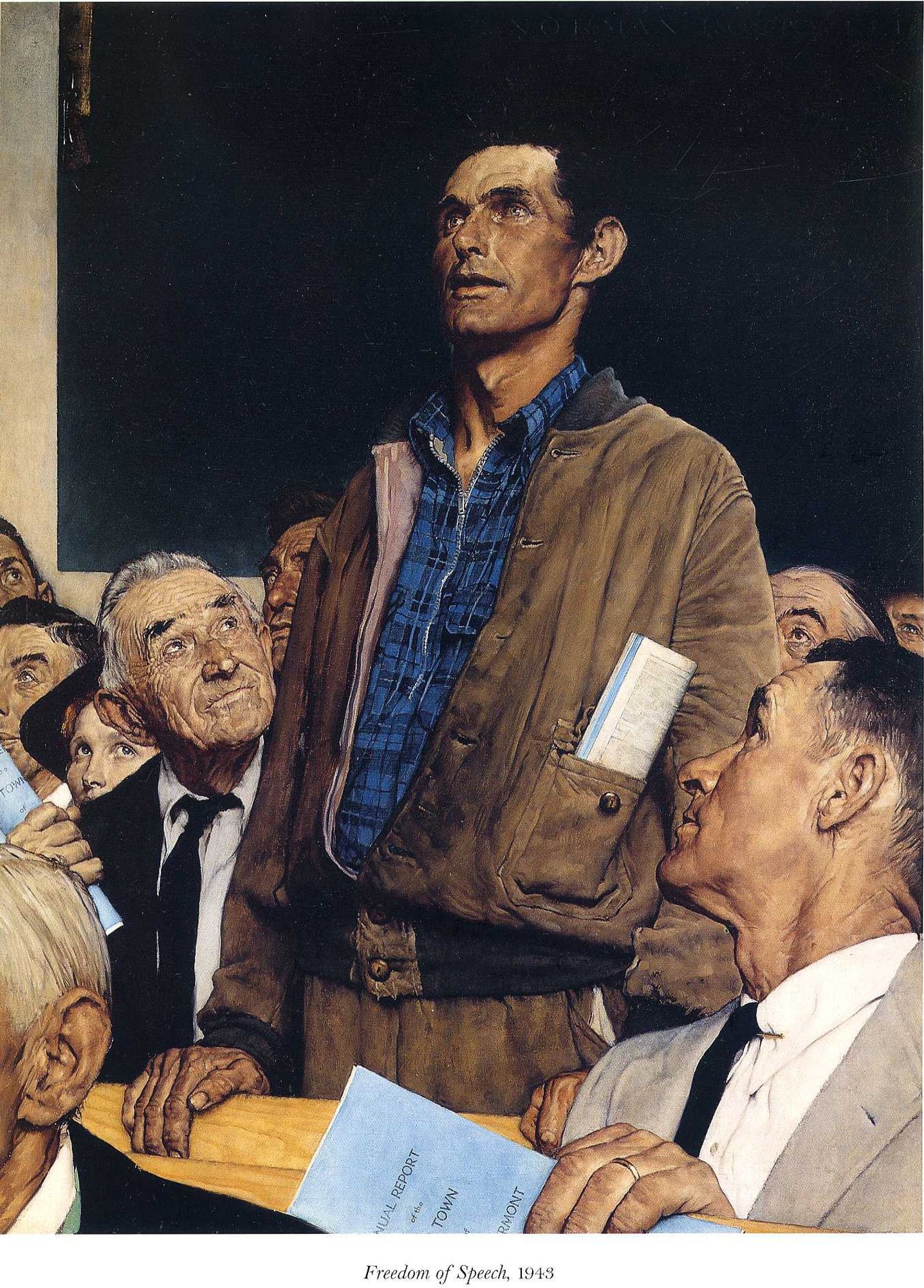 The freedom of speech meme (working class man standing up in an assembly of people)