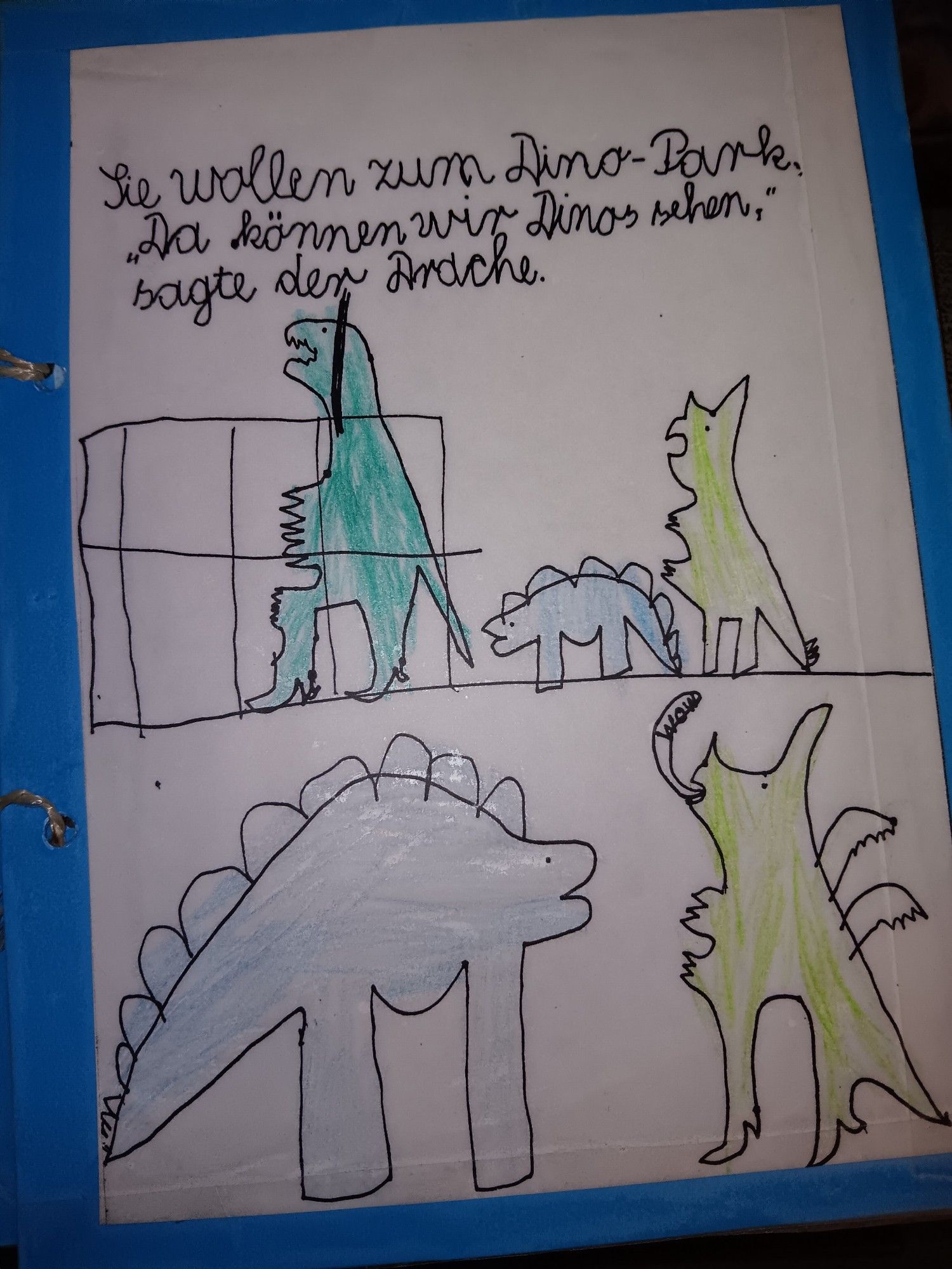 Seite eines selbst gebastelten Kinderbuchs mit einer murkeligen Kinderzeichnung auf Tonpapier hinter Folie. Die Zeichnung ist zweigeteilt. Oben stehen der Dino und das Monster vor einem Käfig, in dem der Dilophosaurus aus Jurassic Park steht. Im unteren Teil steht der Drache vor einem Stegosaurus, der genauso aussieht wie der Dino, nur so hoch wie der Drache, anstatt halb so groß. Der Drache sagt: "Wow".

Text: Sie wollen in den Dino-Park. "Da können wir Dinos sehen," sagte der Drache.