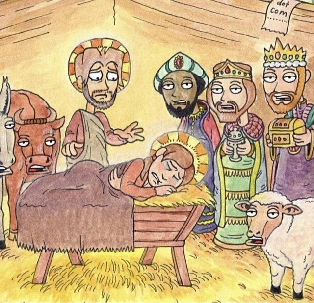 Nativity scene illustrated in the style of Bum Tickley’s iconic Ctrl+Alt+Del comic, “Loss”