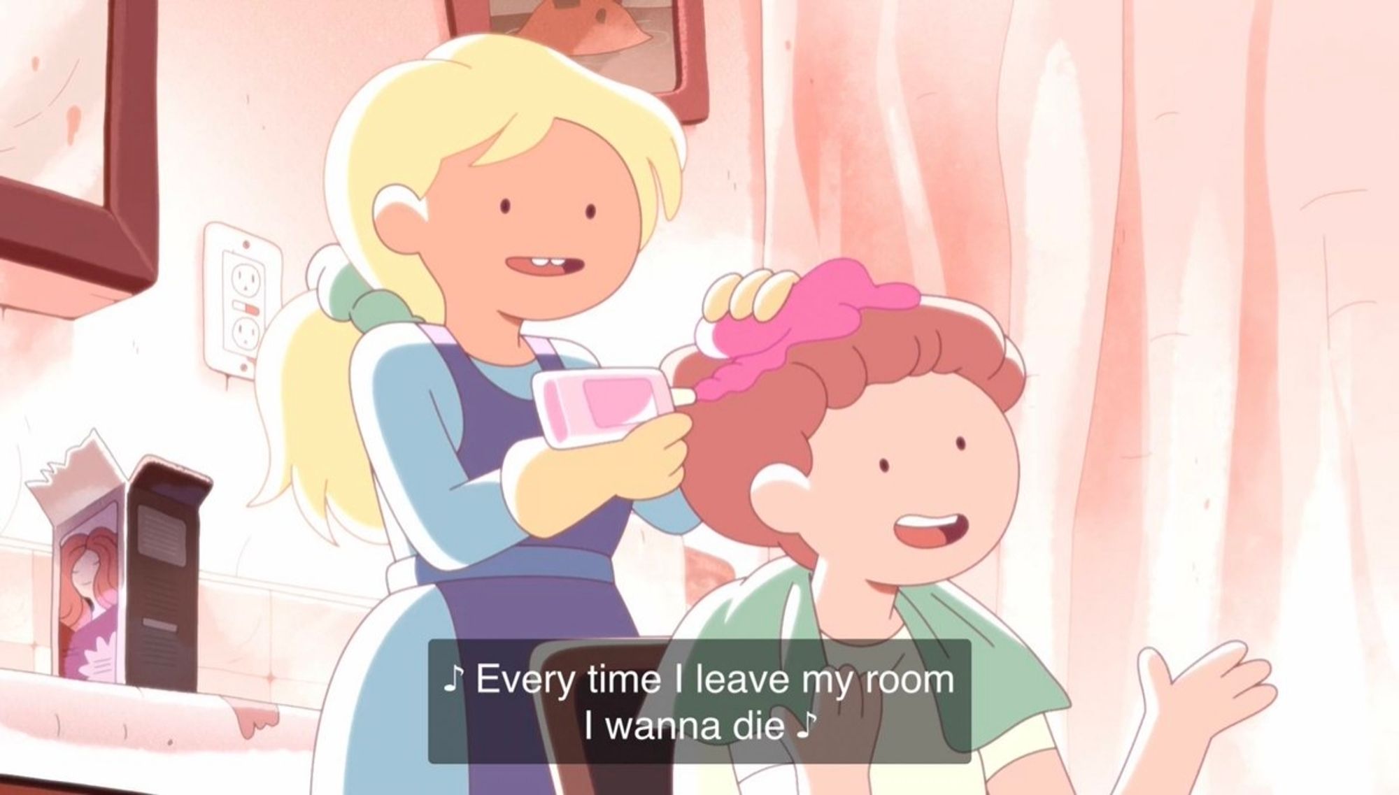 Fionna from Fionna and Cake series painting a woman's hair pink with the sub "every time I leave my room I wanna die"