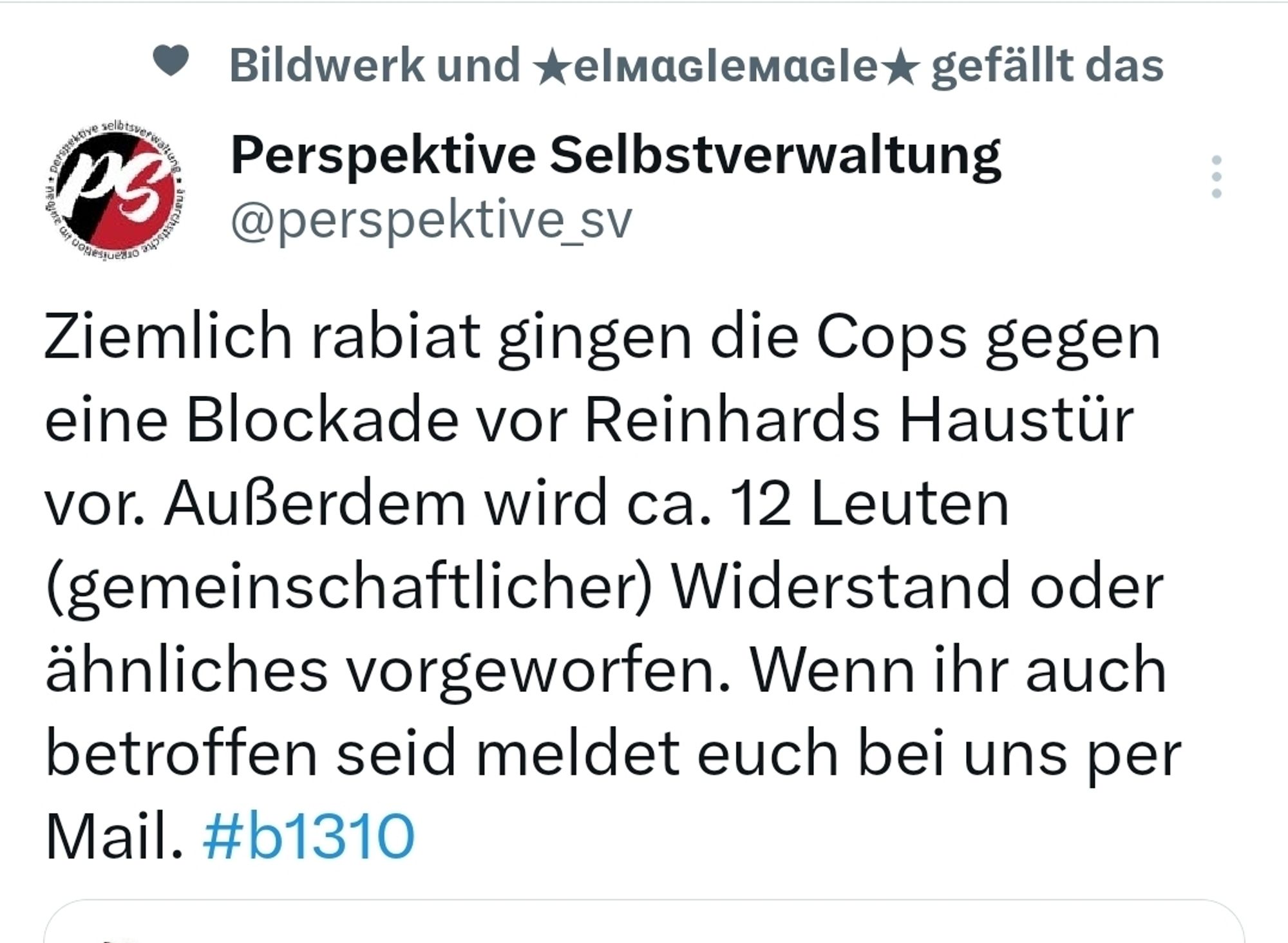 Danke an alle die heute mit @BuendnisZRV und uns versucht haben die Räumung von Reinhard zu verhindern! So viele waren wir schon lange nicht mehr, um uns gegen die alltägliche Gewalt durch Investor*innen und Vermieter*innen zu wehren. #b1310