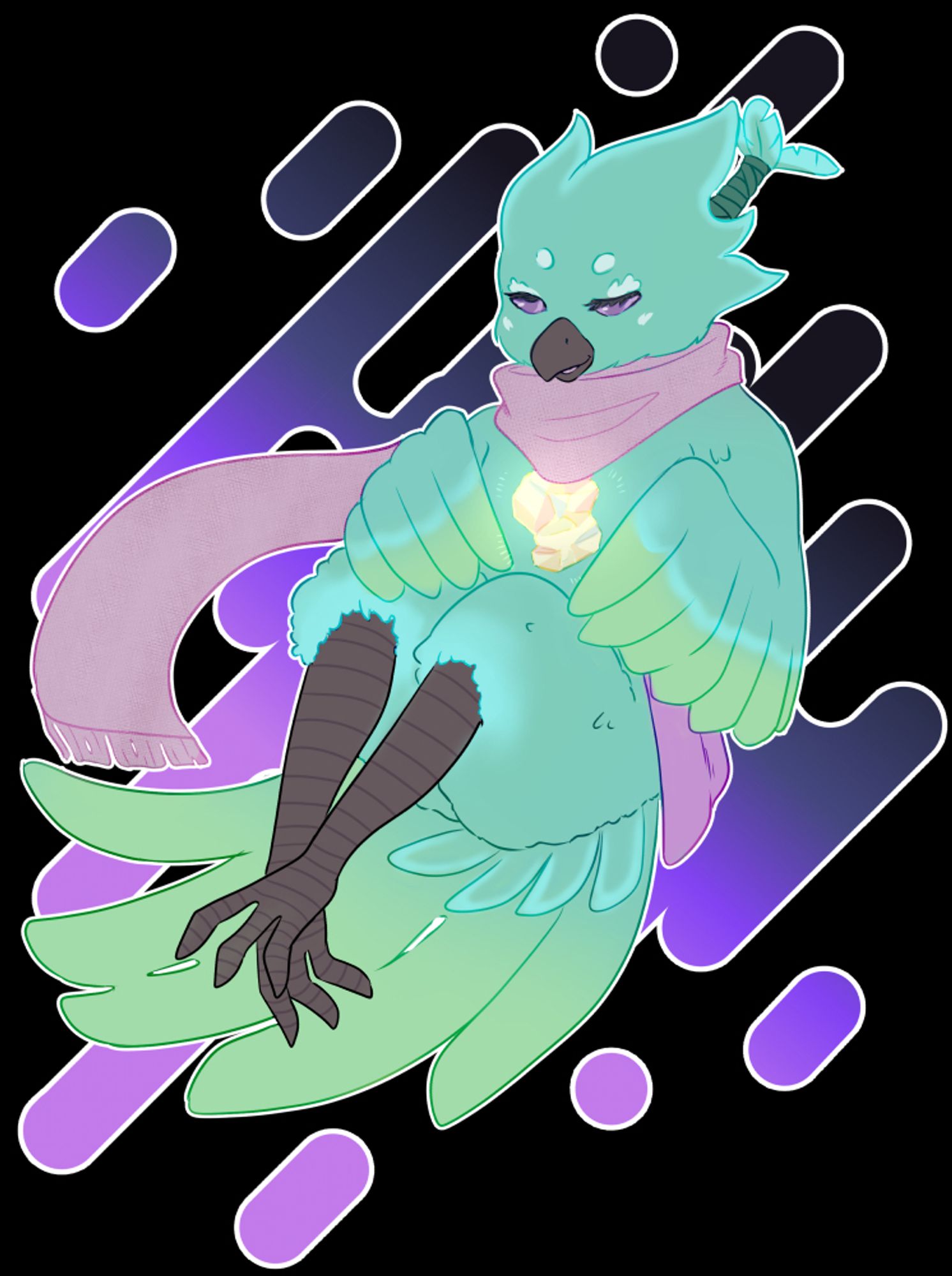 Spacedaydreamer's original character Mint. The moonstone shard in their chest is glowing.