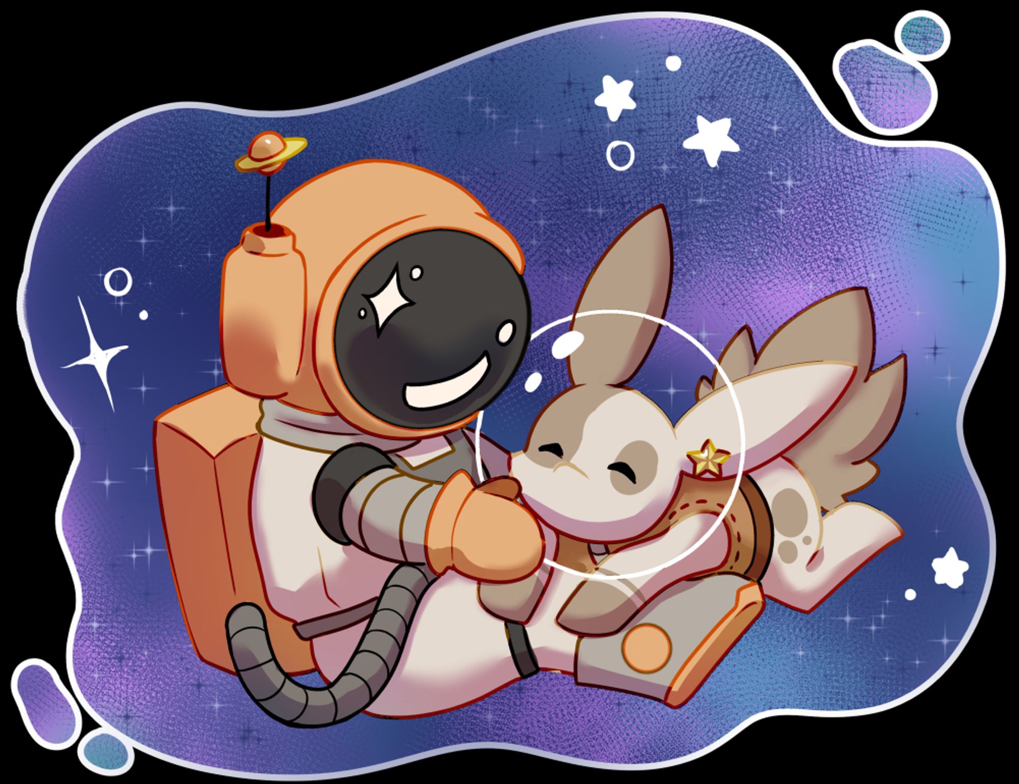 Manian's Original Characters Pomme and Deux floating in space.