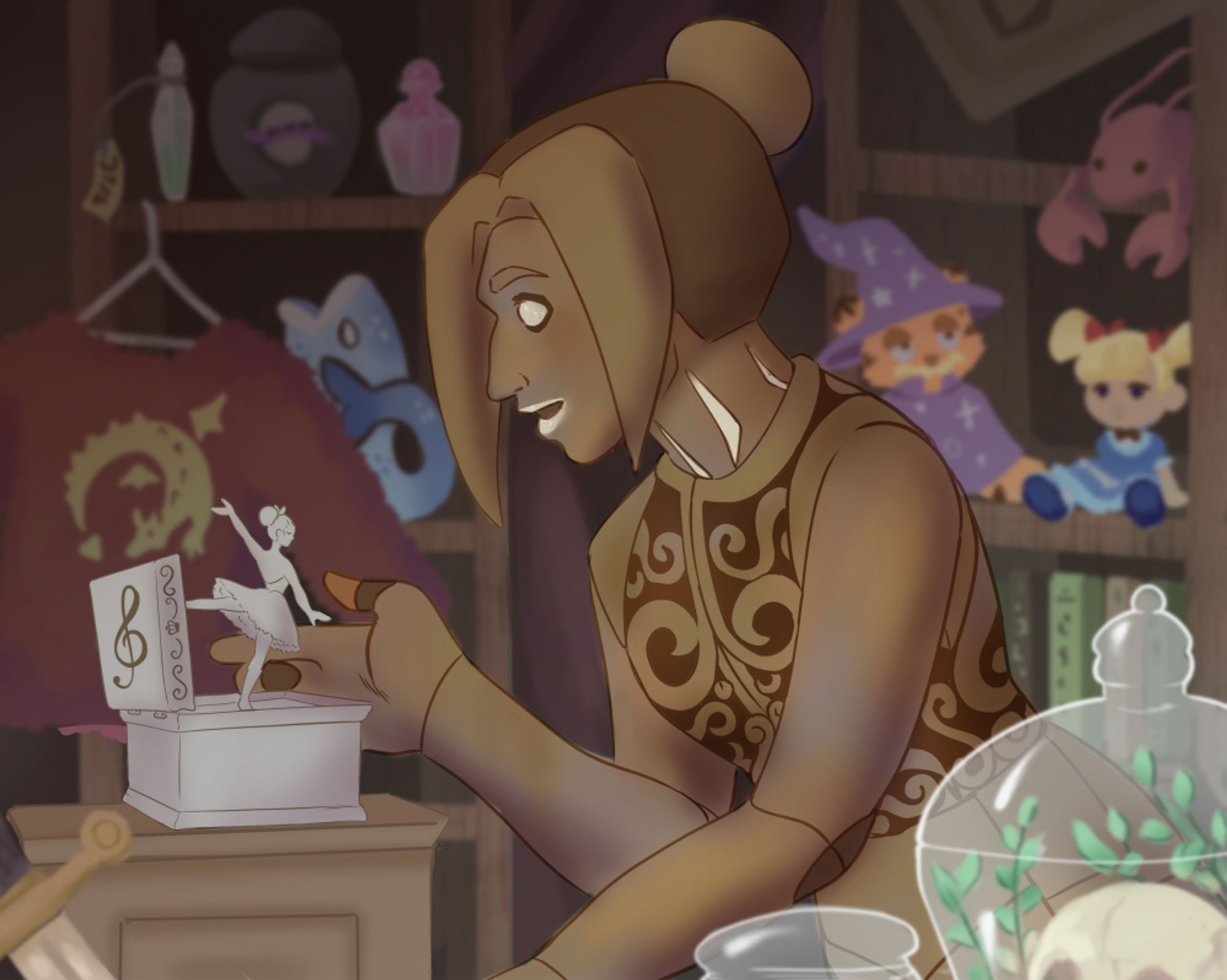 Myzo's original character Lamellae admiring a ballerina in a music box. She is in a fantasy thrift shop with various trinkets adorning the shelves.