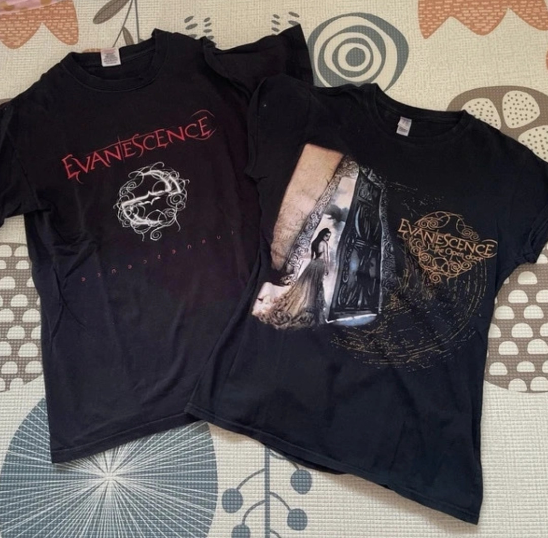 two Evanescence black shirts, one with a logo, the other with The Open Door album cover on it