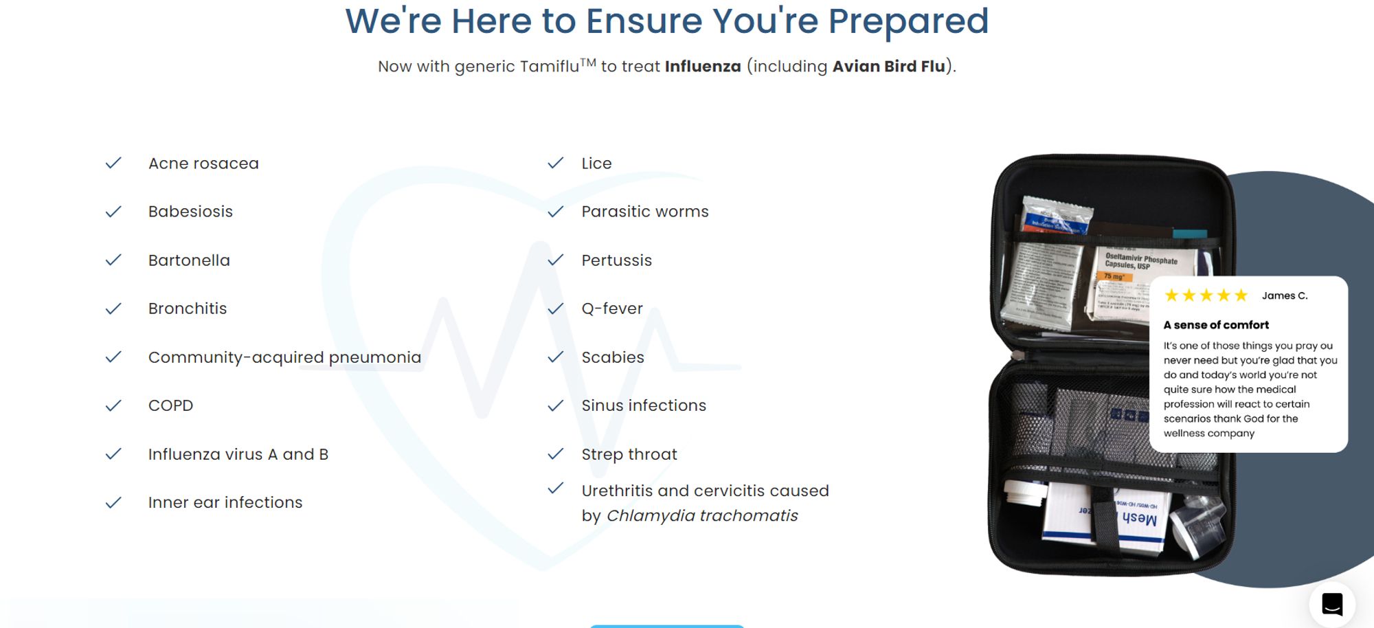 This kit claims to treat bird flue, rosacea, babesiosis (an unusual tick-born disease), bartonella (a rare flea-born disease), bronchitis, pneumonia, COPD (which is really more of a syndrome, common in long-time smokers), influenza A & B, inner ear infections (hard to do with just pills), lice (what, are supposed to rub the ivermectin pills on your head?), parasitic worms, pertussis (aka whooping cough), Q-fever (a bacterial infection from raw milk), scabies, sinus infections, strep throat, and urethral and cervical inflammations from chlamydia.