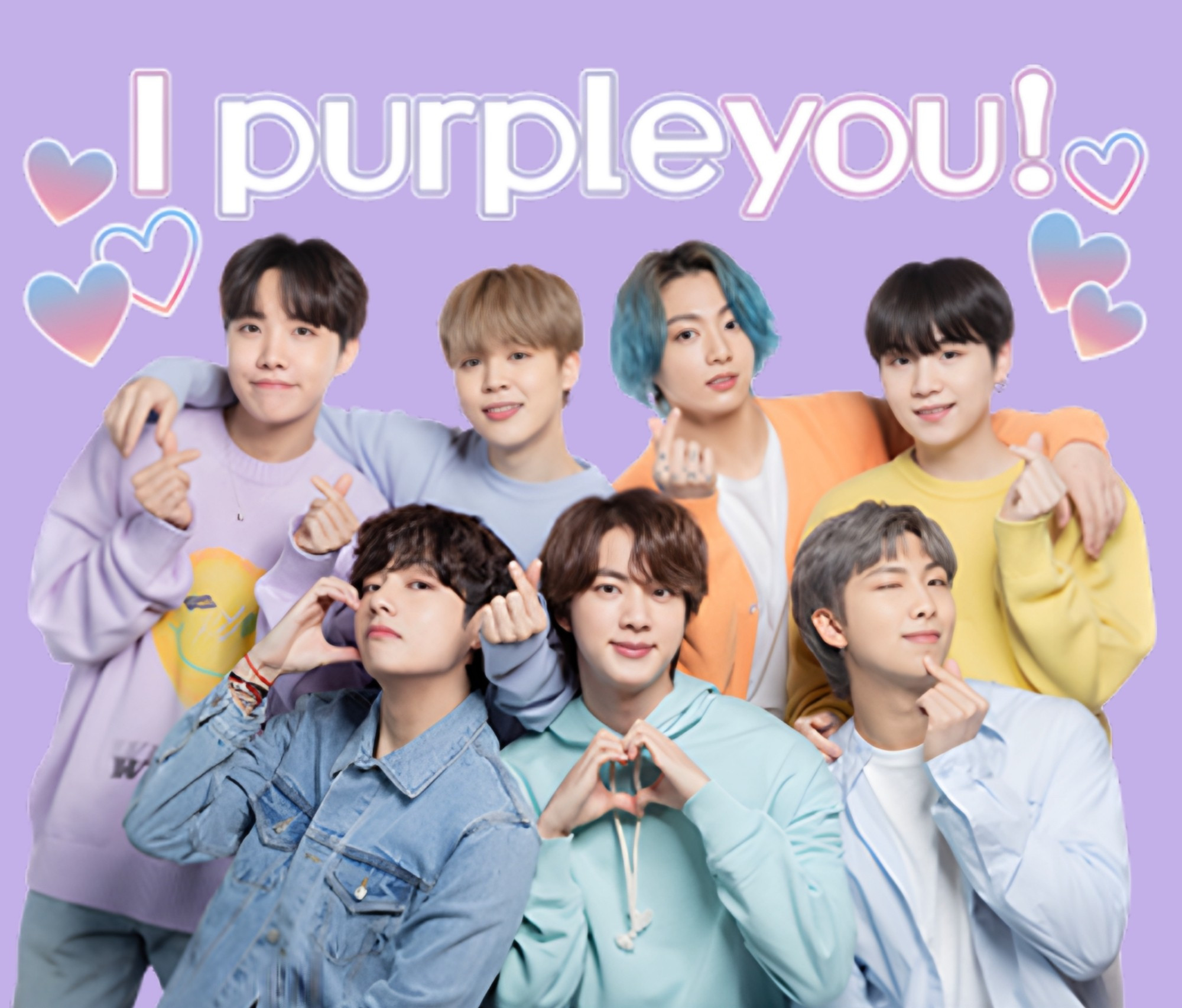 Bts making finger hearts and the background says I purple you with hearts