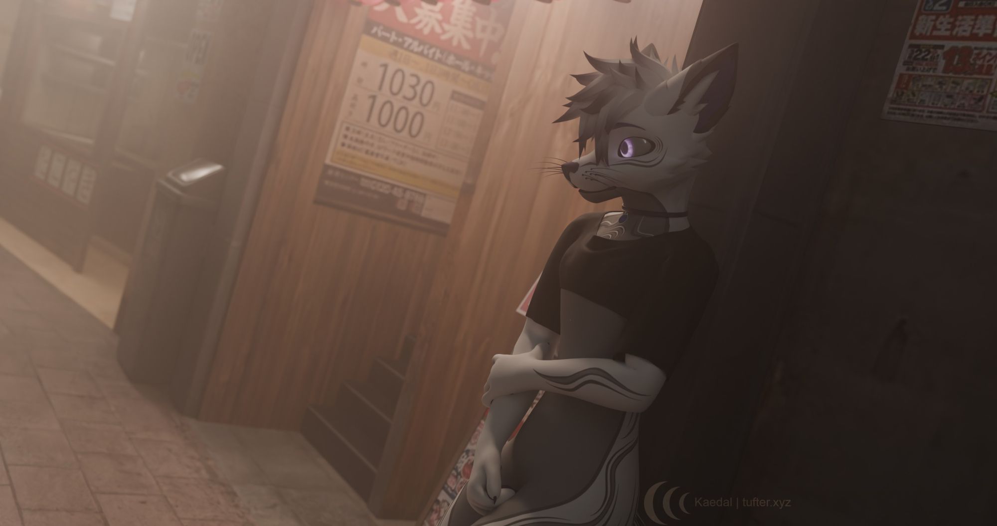 A white fox wearing a croptop and collar stands with their back to a wall, peering out into a city off-screen as a thick fog settles around them, illuminated only by the shops surrounding them.