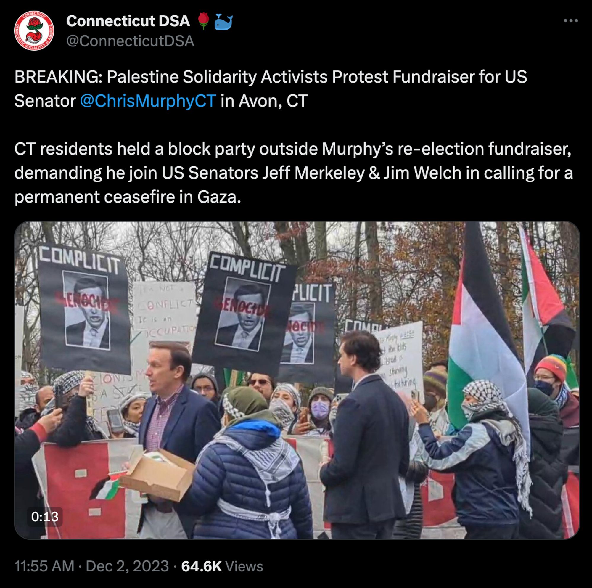 Palestine Solidarity Activists Protest Fundraiser for US Senator @ChrisMurphyCT in Avon, CT