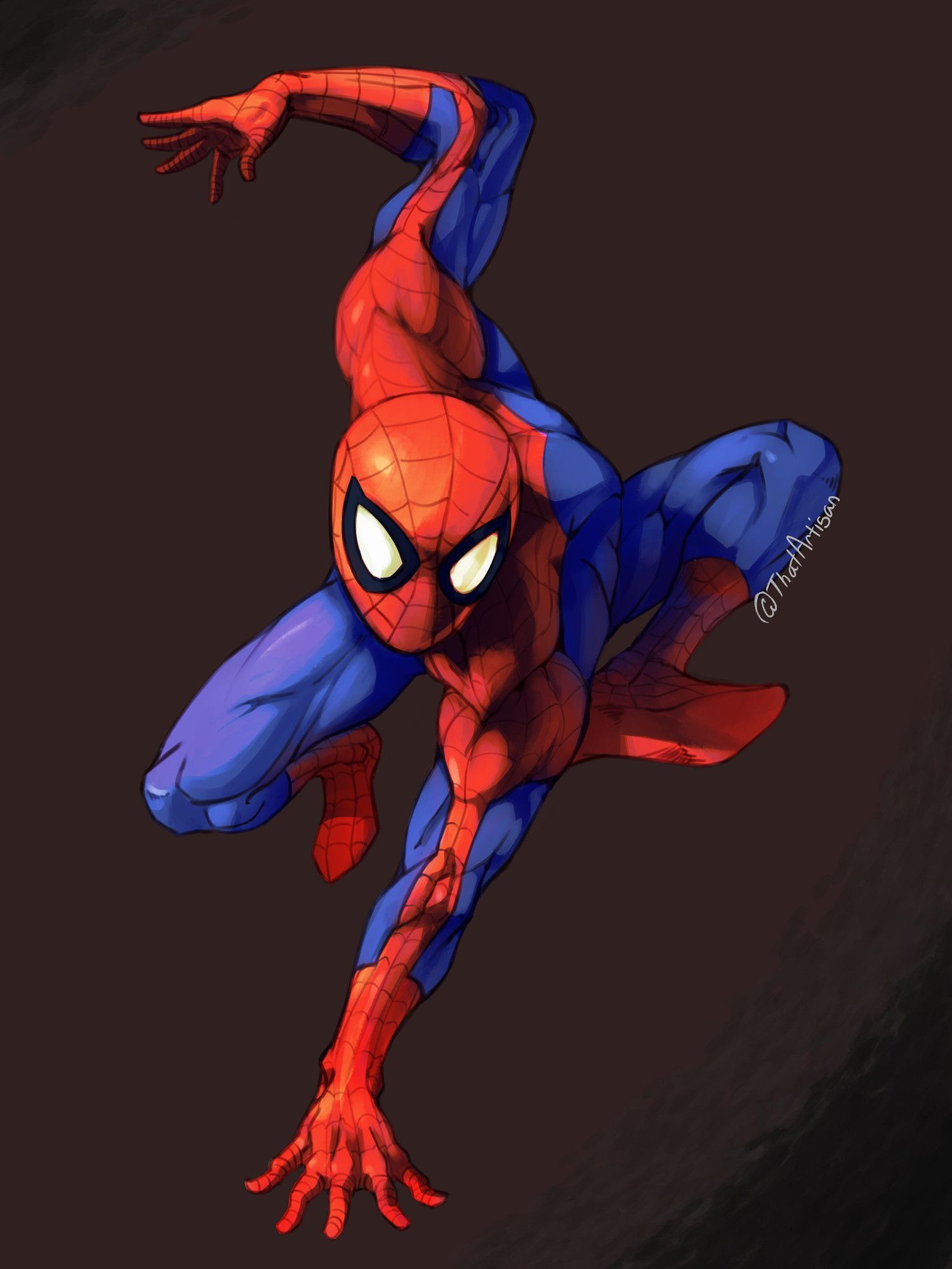 digital render of spider-man in a very exaggerated pose. the design is similar to john romita jr's take on the character