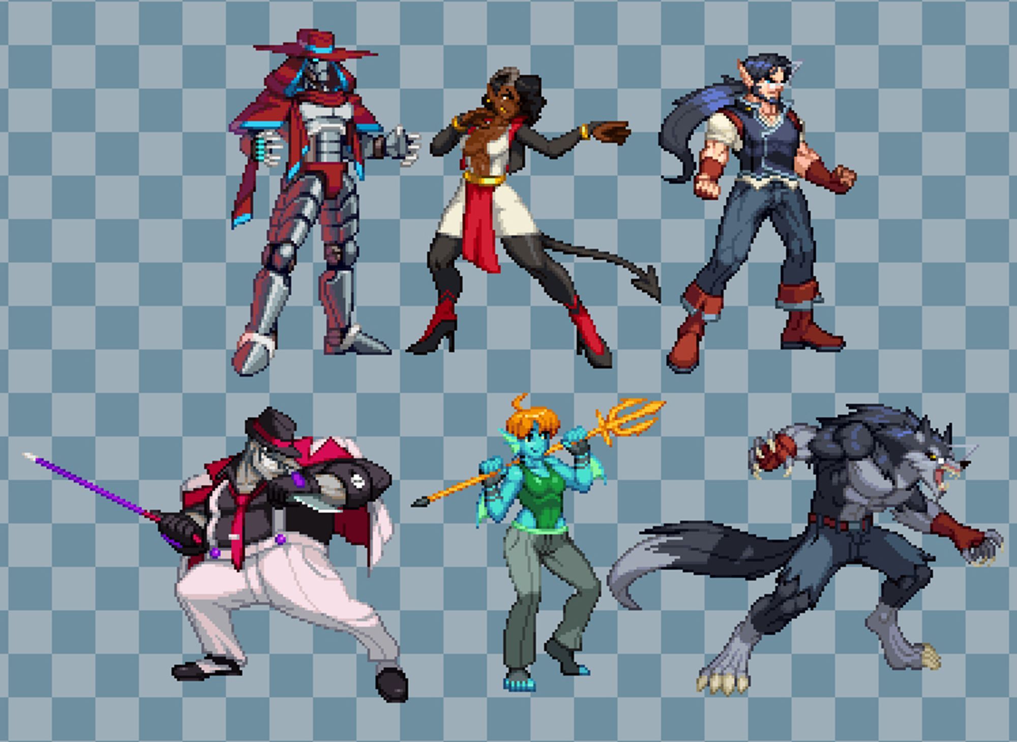 A collection of my fantasy/D&D inspired fighting game characters drawn as pixel sprites. There is a robot cleric, a succubus mage, a fighter with light leather armor and a long ponytail, an out-of-place large man with unusual features (such as a very sharp, spike-like nose and an overall humongous size to him) dresed in 1920s gangster attire, a fish lady wearing suit pants and a swimsuit while balancing a trident on her shoulders, and a scary looking werewolf with curiously similar features to the fighter with the ponytail from earlier.