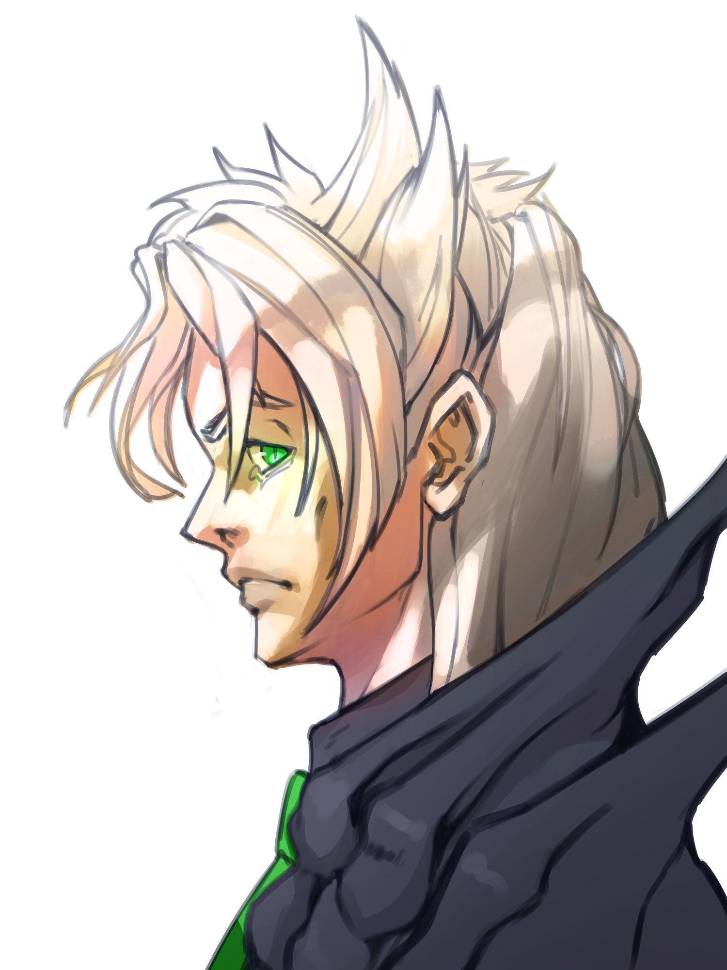 digital render of a character in portrait view. he's got light skin, white hair, and a bone-esque shoulder pauldron. his eye is a saturated green with a slitted pupil