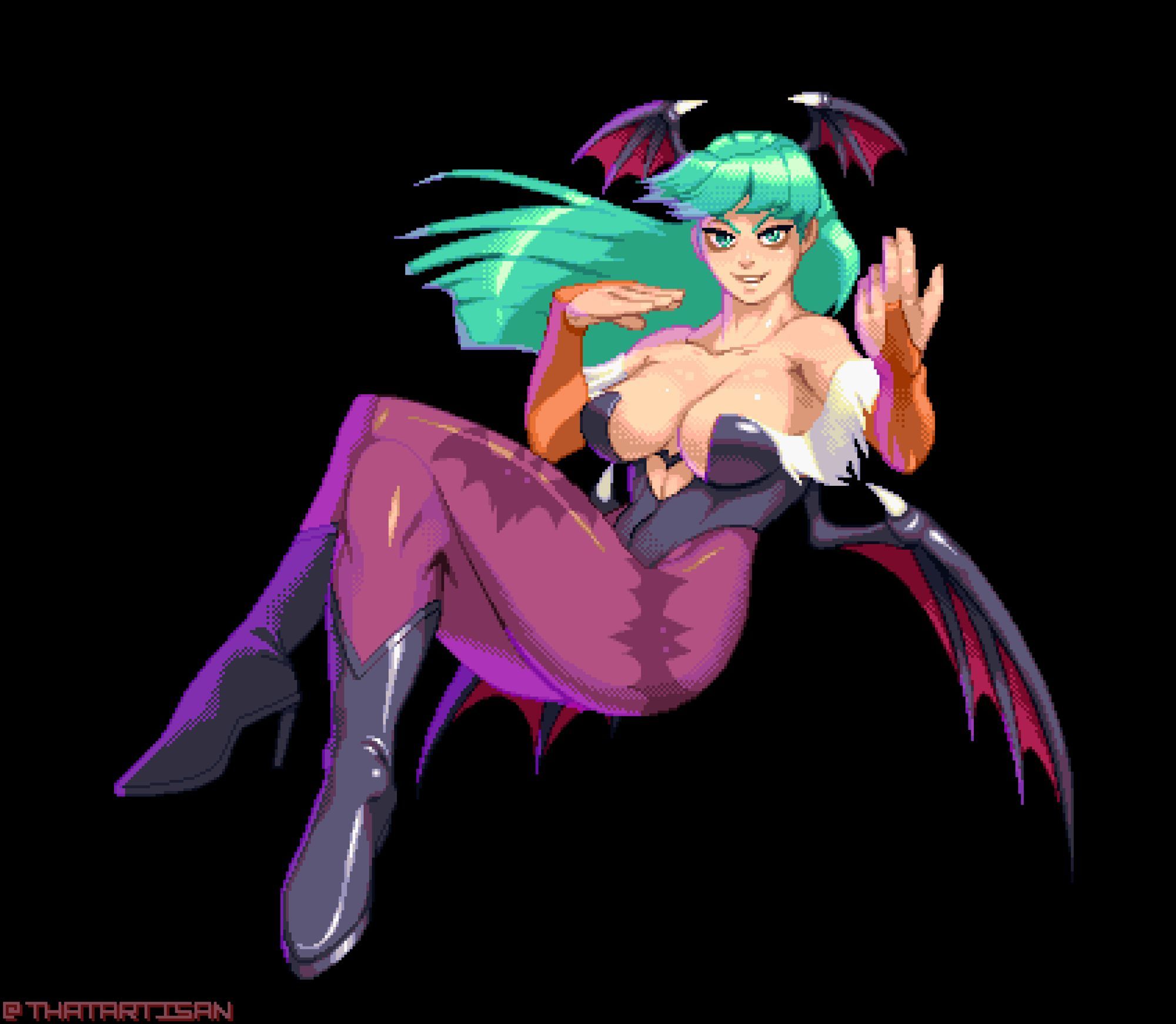 Pixel art illustration render of Morrigan from Darkstalkers, beckoning the viewer as she floats in a black void.