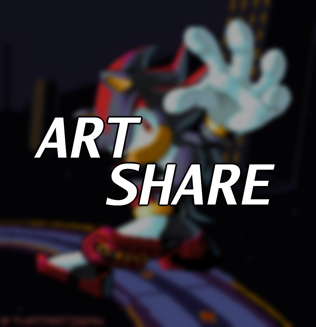 blurred pixel art of shadow the hedgehog with a clearly legible "ART SHARE" overlaid on top in italics