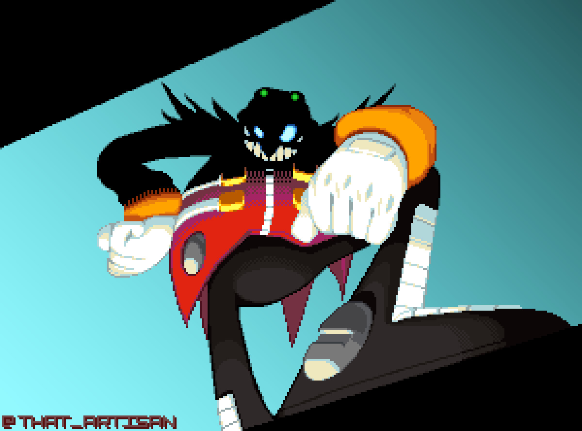 pixel art illustration of doctor eggman looming over the viewer imposingly, face bathed in shadow