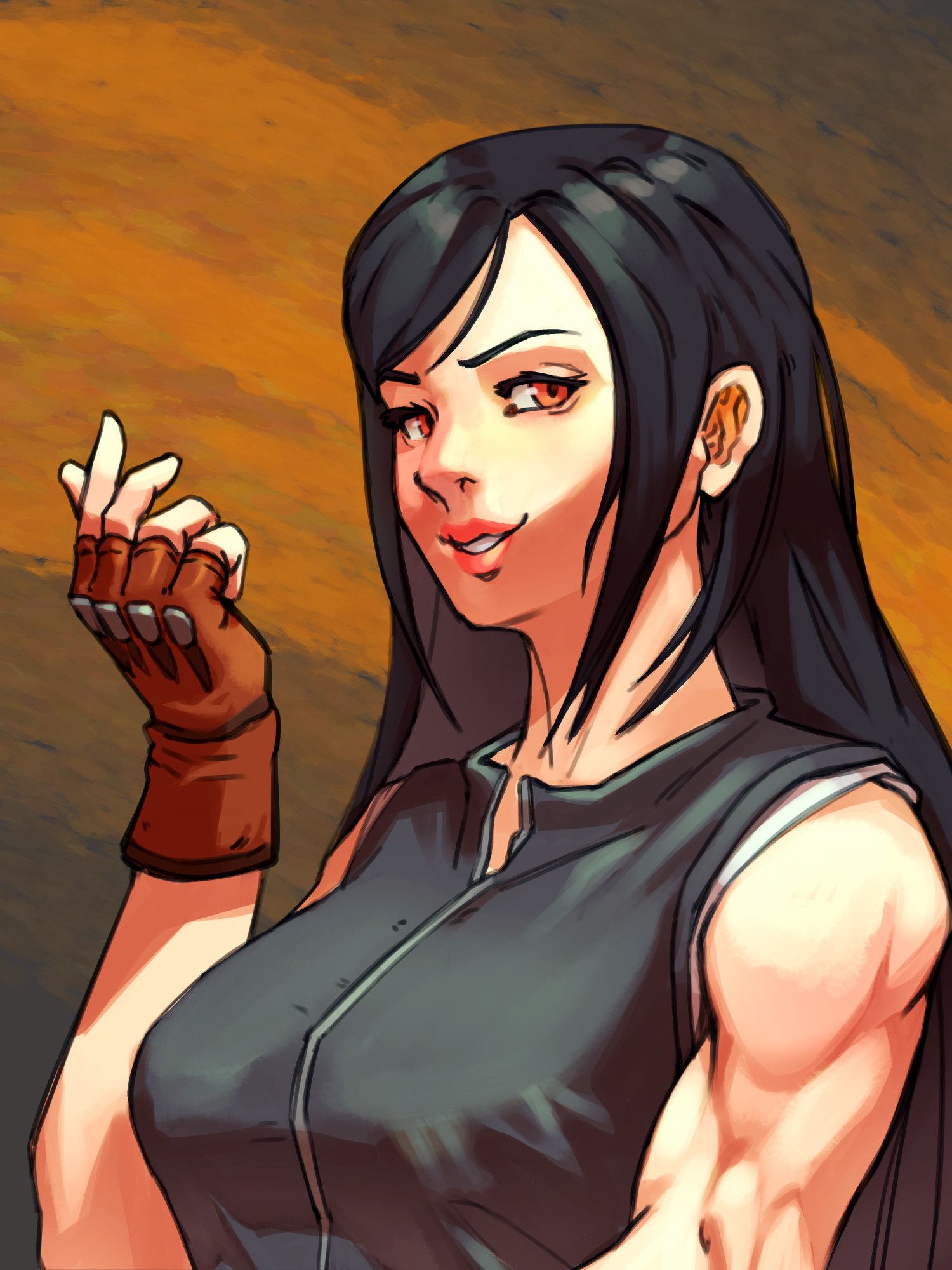 digital portrait render of Tifa Lockhart from final fantasy 7. She is drawn from a slightly low angle, looking over at the viewer, with her hand raised in a relaxed pose