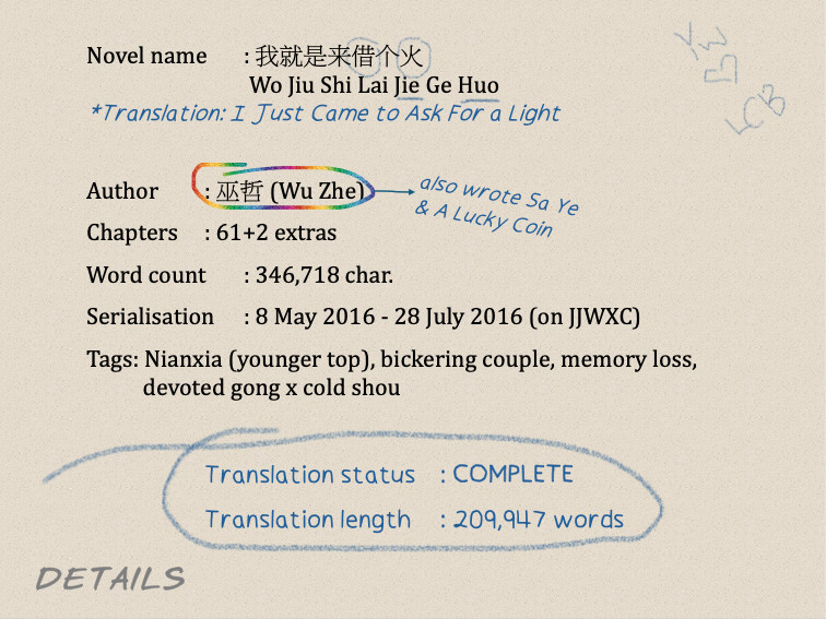 DETAILS
Novel name	: 我就是来借个火(Wo Jiu Shi Lai Jie Ge Huo)
*Translation: I Just Came to Ask For a Light
Author		: 巫哲 (Wu Zhe) - also wrote Sa Ye and A Lucky Coin
Chapters	: 61+2 extras
Word count	: 346,718 char.
Serialisation	: 8 May 2016 - 28 July 2016 (on JJWXC)
Tags: Nianxia (younger top), bickering couple, memory loss, devoted gong x cold shou

	Translation status	: COMPLETE
	Translation length	: 209,947 words