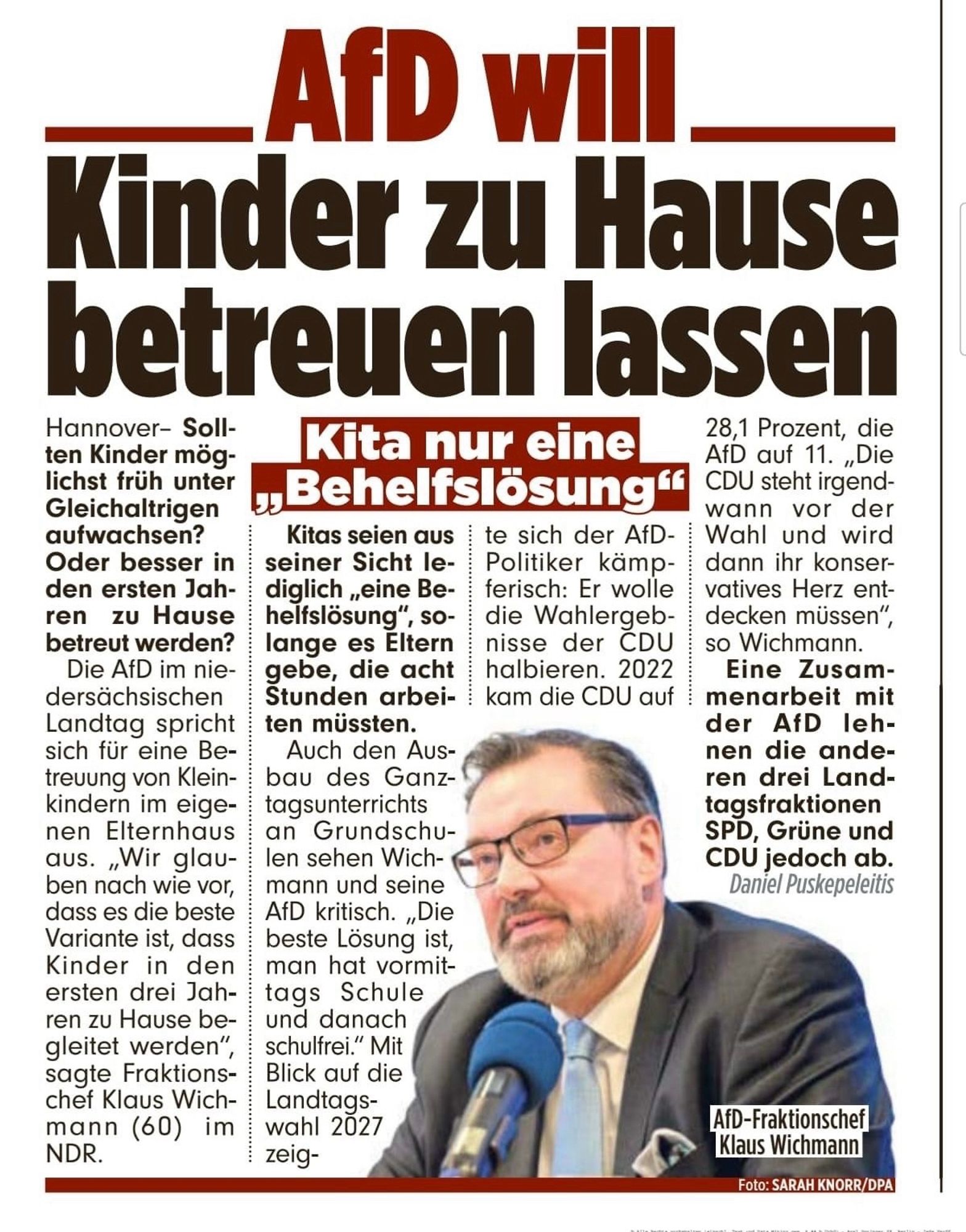 AfD will Kinder zu Hause betreuen lassen.
 Kita nur eine „Behelfslöung“