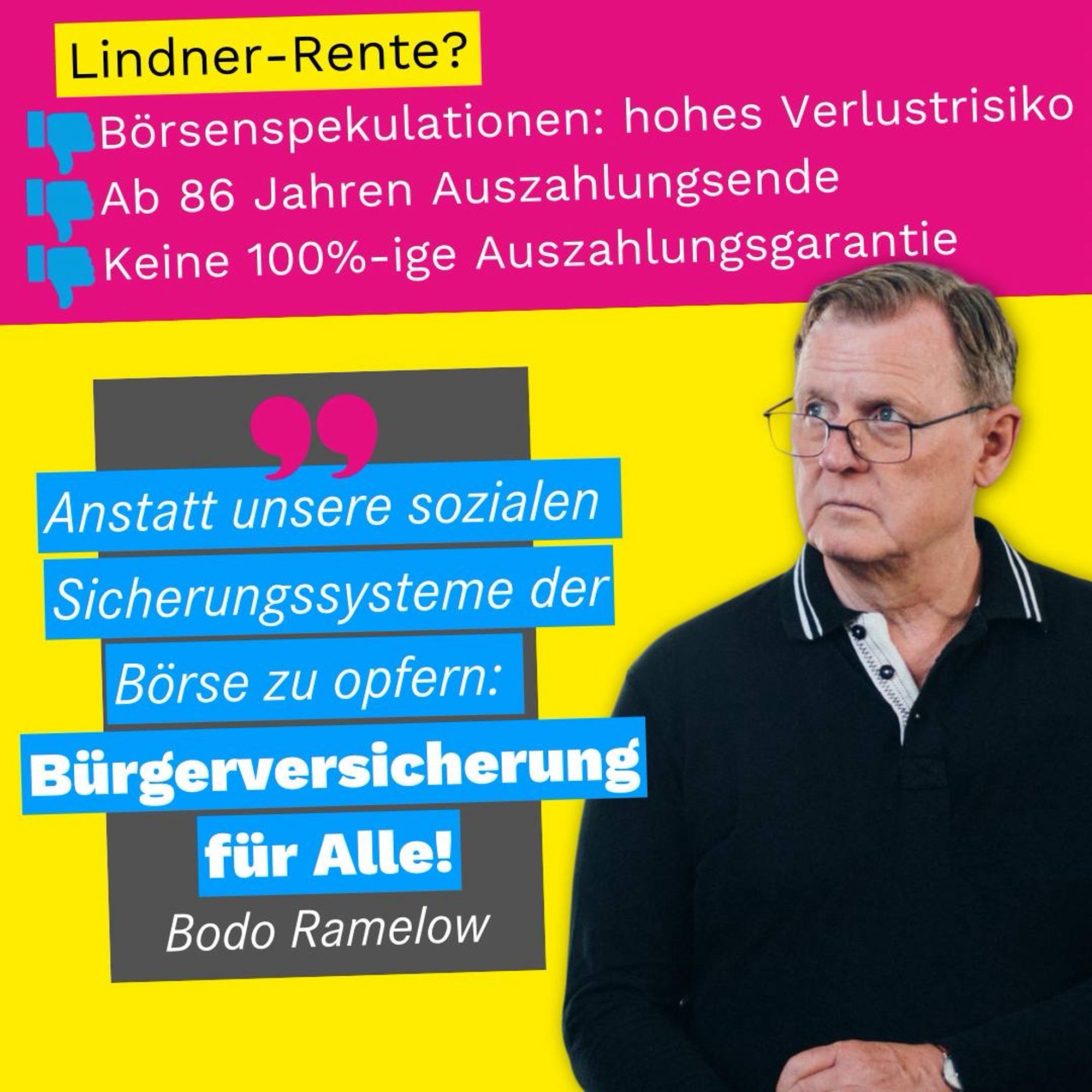 Statt den schnöden Mammon anzubeten und die sozialen SicherungsSysteme der Börse zu opfern, wäre es ganz einfach: 
Jede/r zahlt ein, aus jeder Einkommensart! 
Der Staat hat 1.491,75 € als Pfändungsfreigrenze festgelegt - warum nicht auch als Mindestrente. 
Bürgerversicherung für alle!