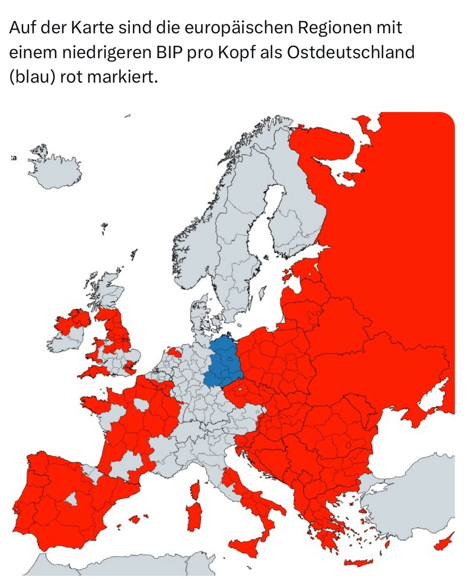 Die Erläuterung bezieht sich auf die roten Flächen. Rot bedeutet das diese Flächen eine niedrigeres BiP aufweist, als die blaue. Und siehe da, Ostdeutschland liegt deutlich vorne.