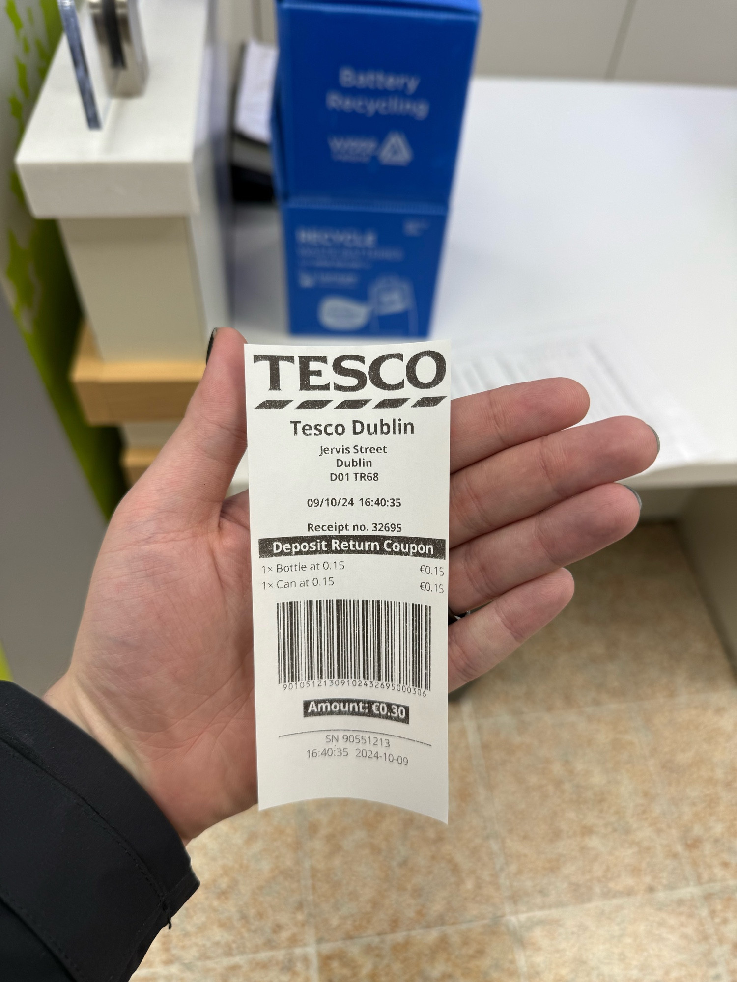 Deposit Return Coupon issued by Tesco Dublin. It notes two 15c credits, one for a plastic bottle and another for an aluminium can.