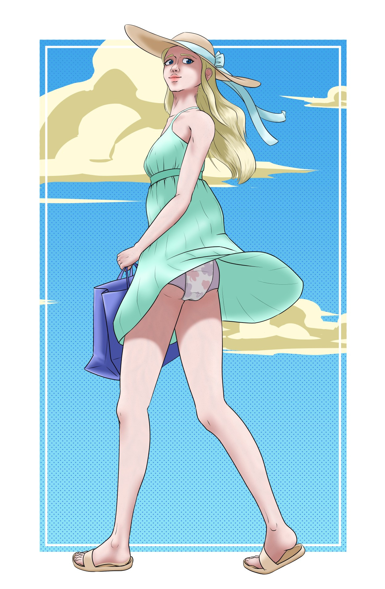 Illustration of a blond girl in a sundress wearing a pullup diaper