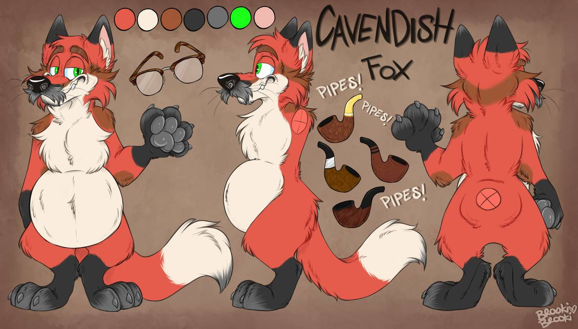 Cavendish Ref Sheet - fat red fox with mustache and pipe, green eyes, orange and cream fur, brown bushy eyebrows, balding man's hourshoe-hair ring of brown, shoulder pads, elbow pads of brown fur - grey strands in all the brown. Black paws, nose, and ears that fade to grey. Silver-grey pads, and mustache. Brown and black marking on his snout that looks like a cigar. 