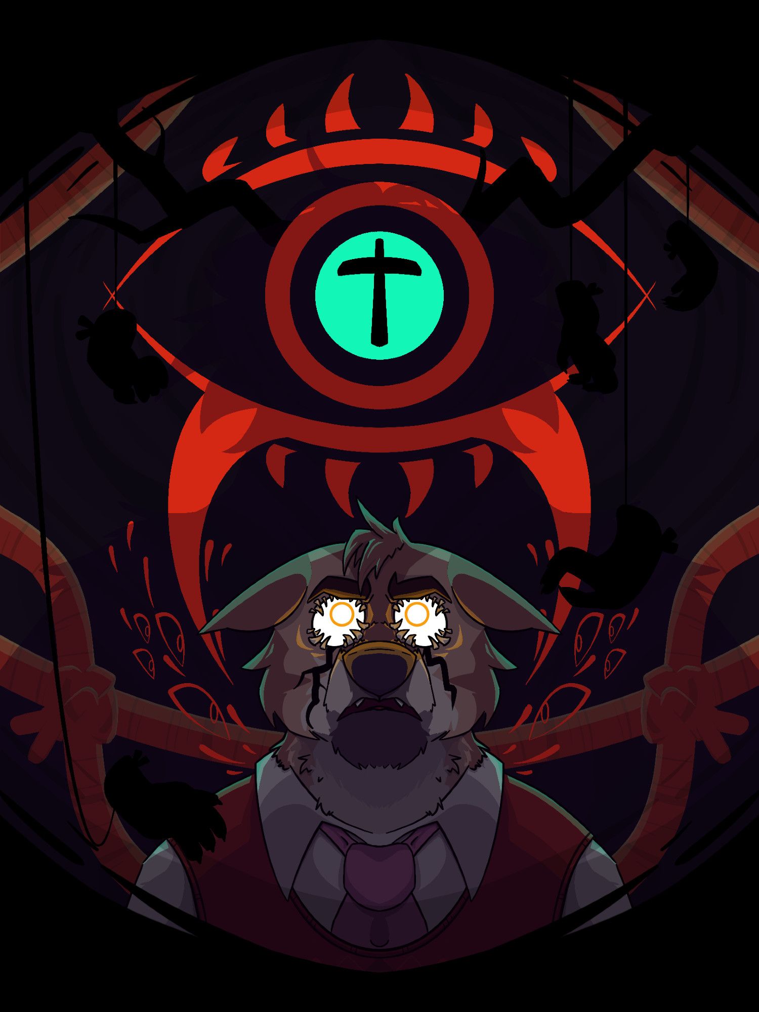 Poster of Jet from Cape Escape 2. Jet stands at the bottom of the frame staring up in a fury with teeth in his golden eyes. Blood and eyes erupt from his injured back. Above him an eye painted in blood surrounded by teeth stares forward with a turquoise pupil that shines down on him, a cross at it's center. Black antlers grow from the iris that mirror the Otherside blood that leaks from Jets eyes. Hands dangle from the ceiling, one resting on his shoulder. Around him hangs red rope, a section tied going behind his neck. This is all cast in the shadow of Melvin Man's beast form.