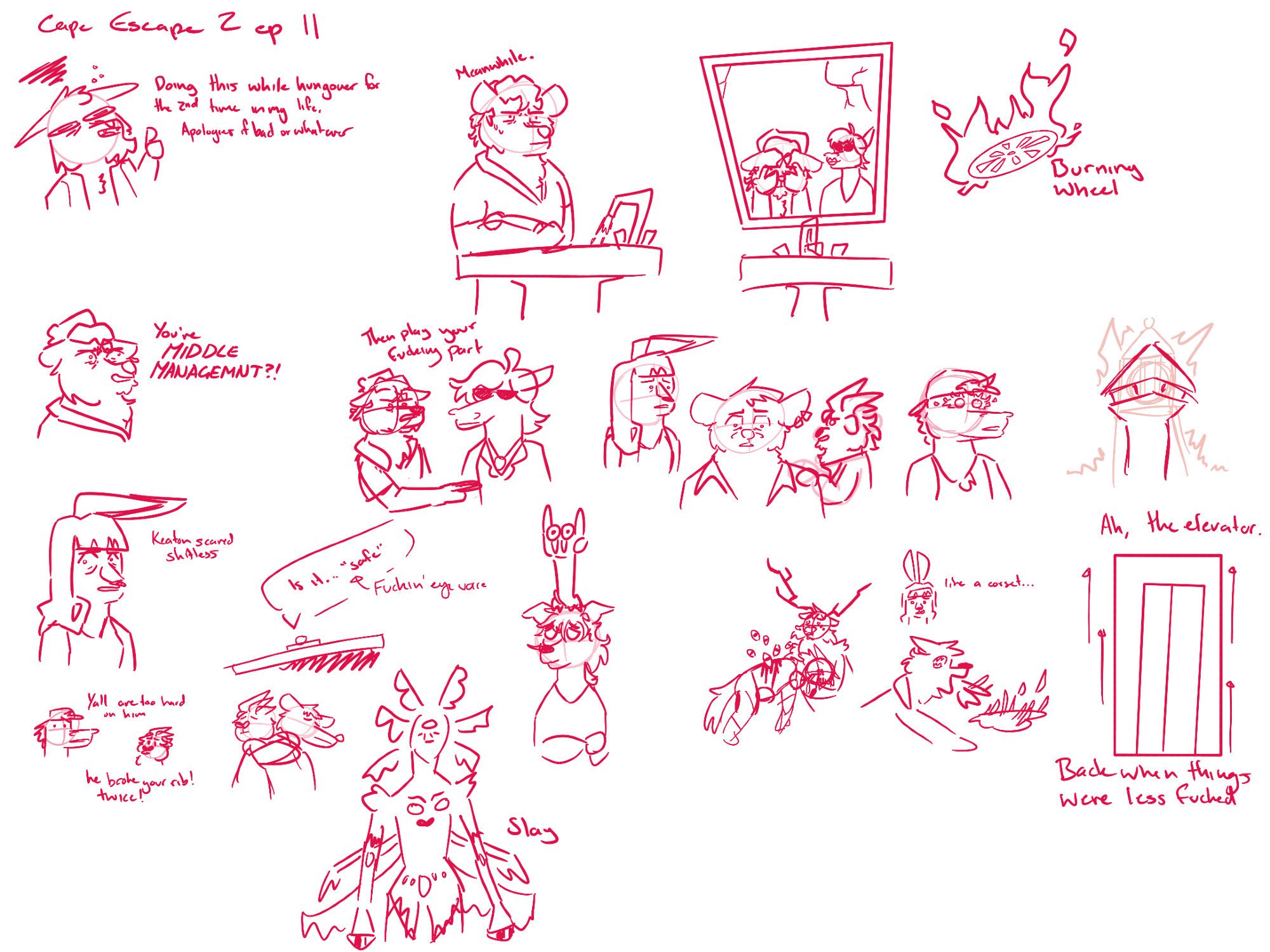 Messy sketch page full of doodles made while watching ep 11 of Cape Escape 2