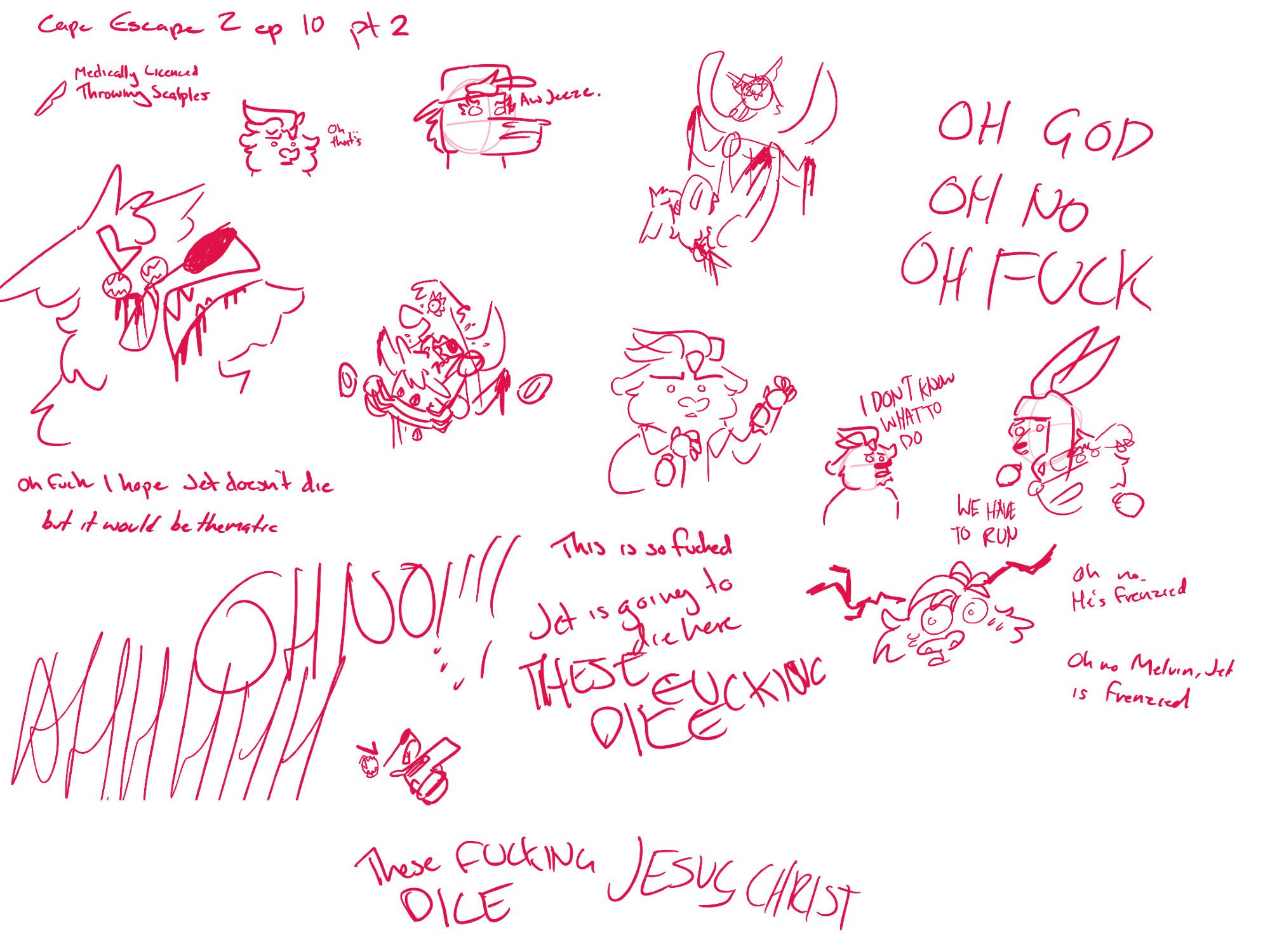 Messy sketch page full of doodles made while watching ep 10 of Cape Escape 2