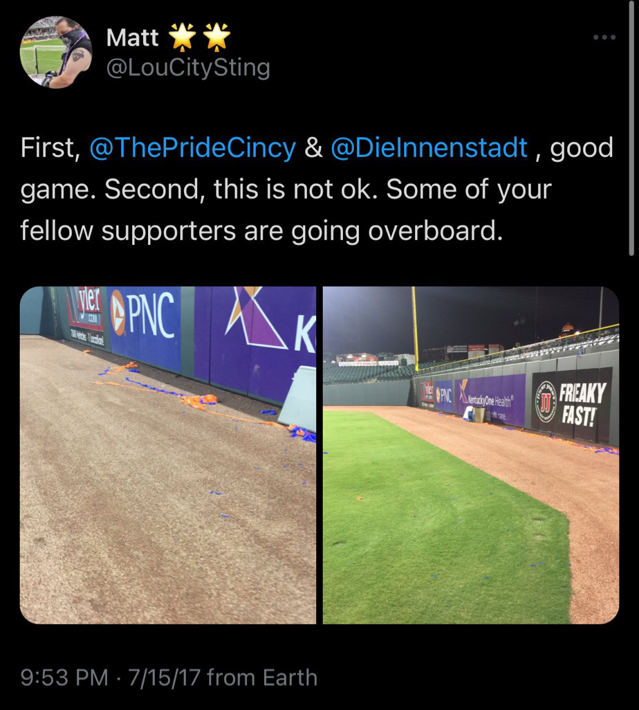 louisville city fan in 2017 saying we were going overboard and being unacceptable for throwing what looks like 6 streamers on the pitch. the good ol days.