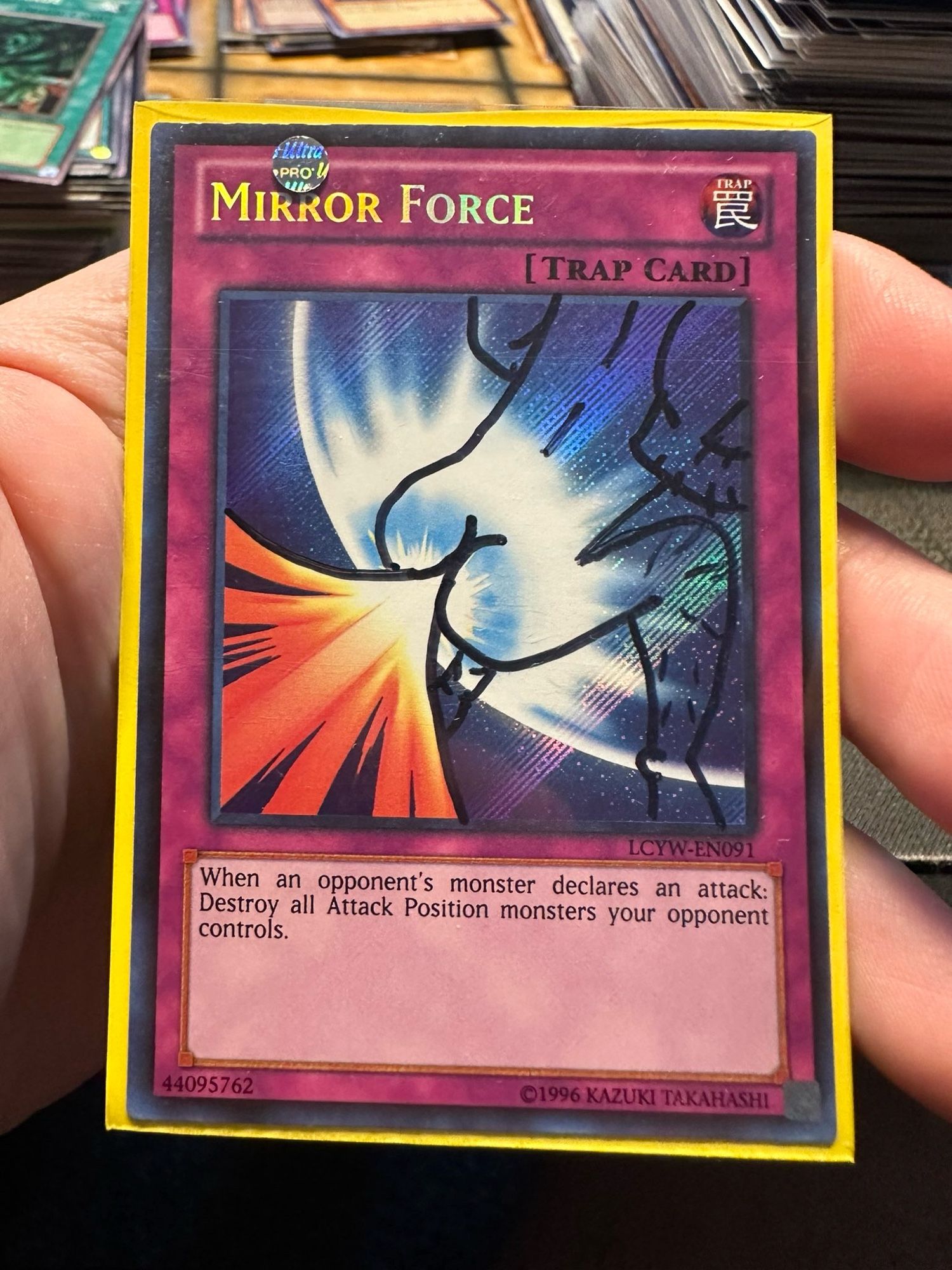 Mirror Force yugioh card drawn on with a fart illustration