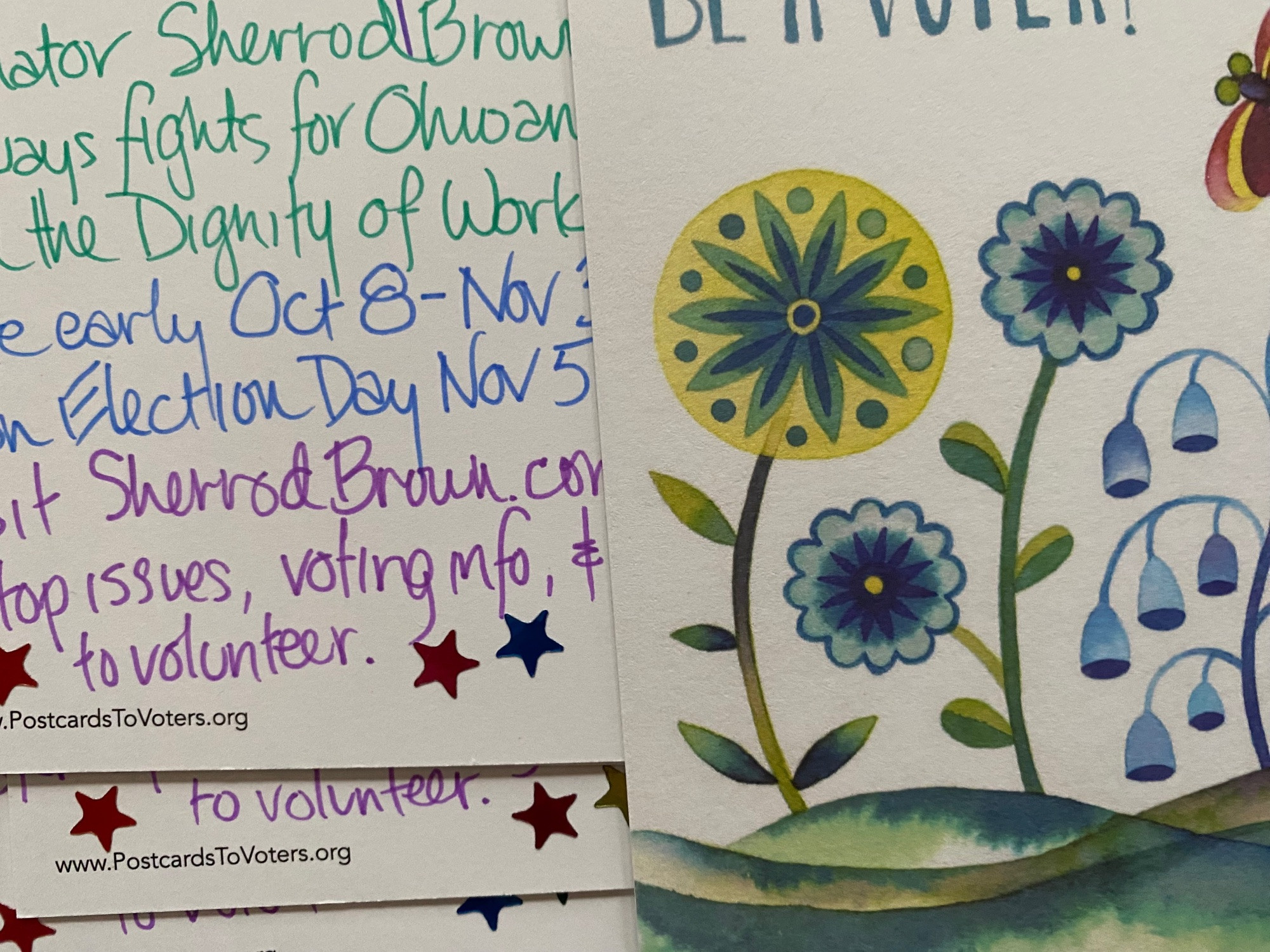 Ten handwritten postcards urging voters to re-elect Sherrod Brown to the Senate for Ohio.