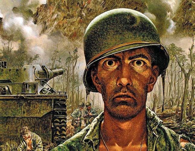 An illustration of a soldier with a thousand yard stare